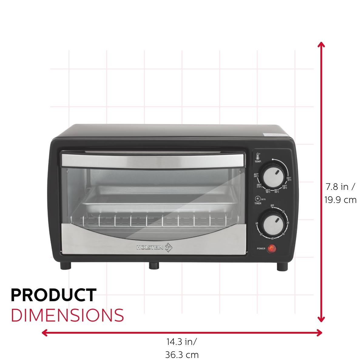 Holstein Housewares 4-Slice Toaster Oven with 60-Minute Timer, Baking Pan & Wire Rack - Compact Countertop Design for Toasting, Broiling, Baking - Perfect for Small Kitchens, Dorms, Apartments & Office Break Rooms