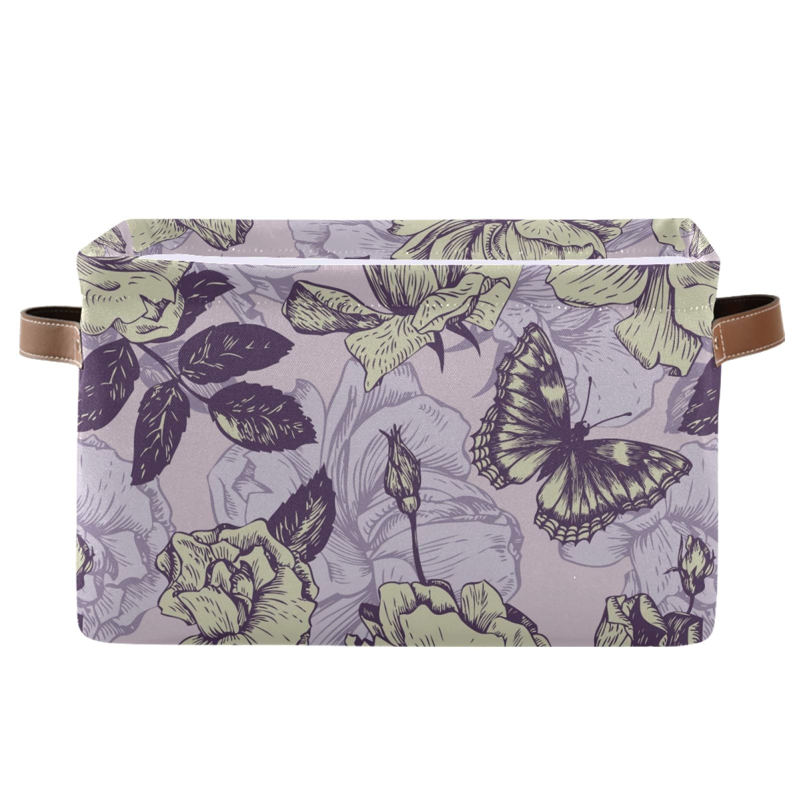 Vintage Butterfly & Flowers Collapsible Storage Basket with PU Handles - Waterproof Laundry Organizer for Nursery, Bedroom & Bathroom - 1 Pack Home Decor & Storage Solution
