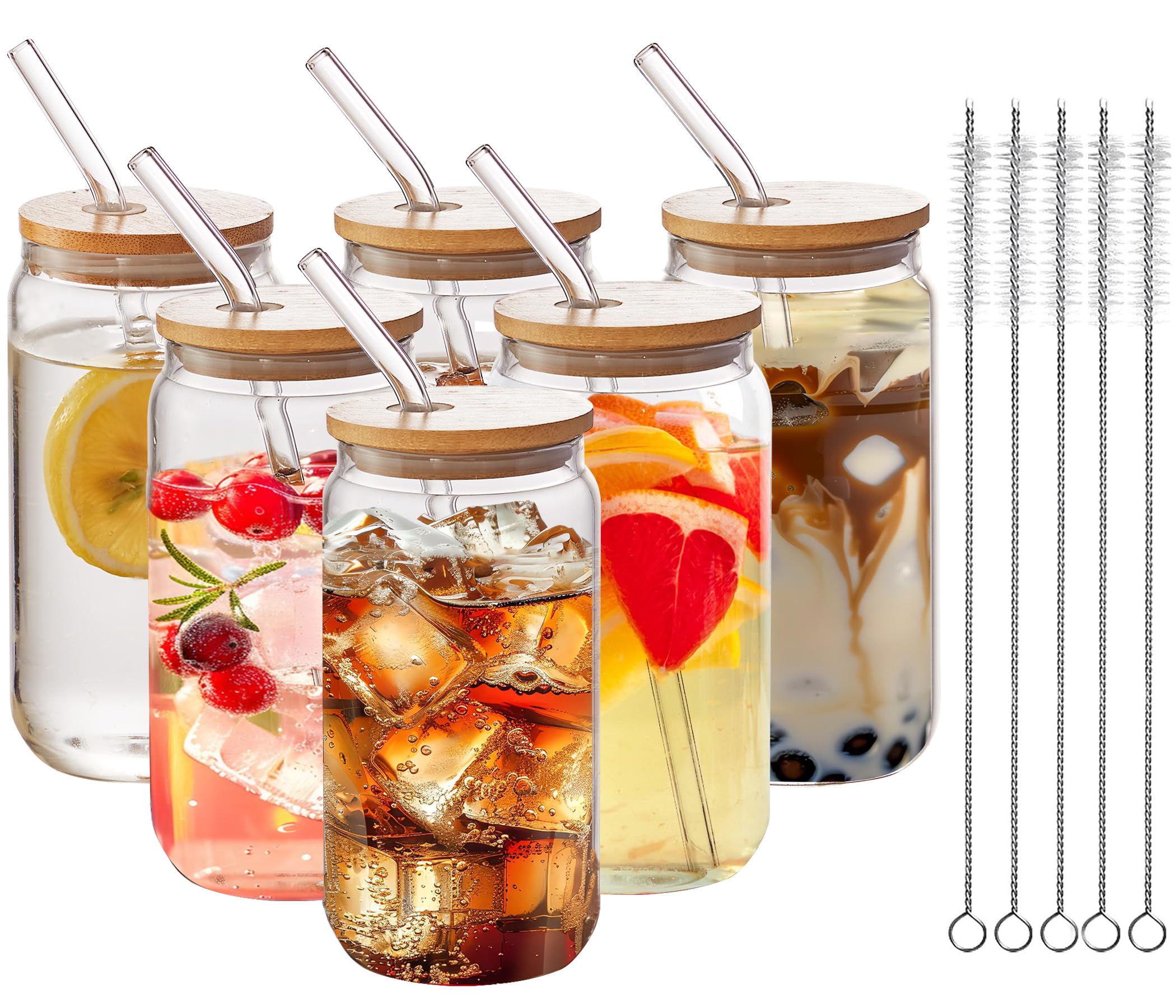 6-Piece Set of 16oz Beer Can Shaped Glass Cups with Bamboo Lids & Glass Straws - Cute Tumbler for Soda, Cocktails, Iced Coffee - Includes 6 Cleaning Brushes - Perfect for Home, Office, Parties & Outdoor Gatherings
