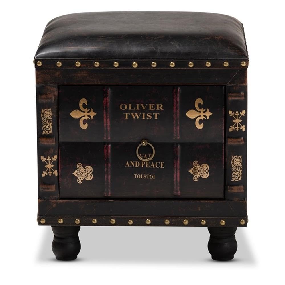 BOWERY HILL Dark Brown Faux Leather Storage Ottoman with Wooden Legs - Perfect for Living Room, Bedroom & Home Office Organization