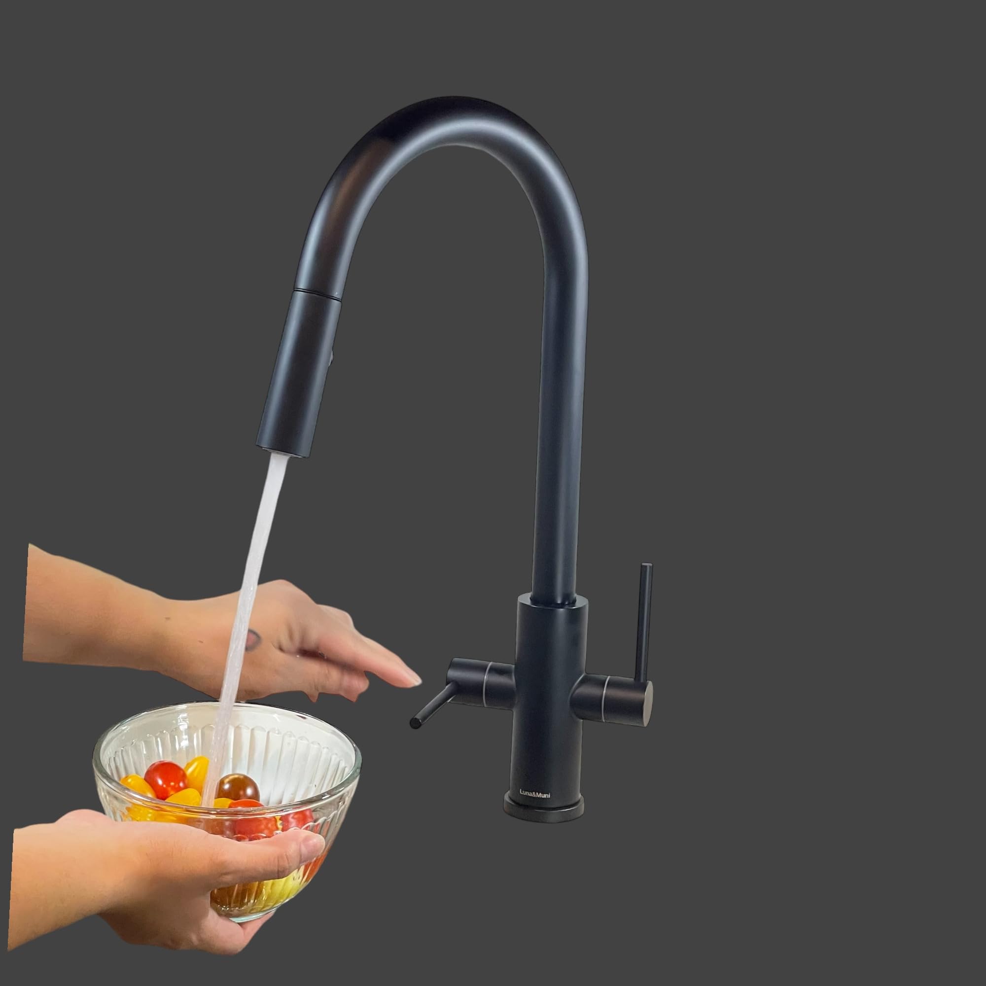 Luna&Muni Matte Black Kitchen Faucet with Pull Down Sprayer - Modern Stainless Steel Sink Faucet for Home, Restaurant & Commercial Use