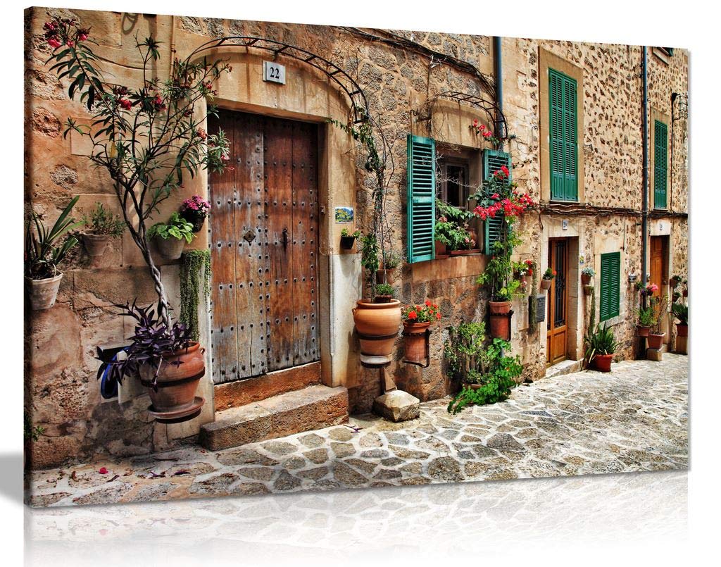 Vintage Mediterranean Flower Door Windows Architecture Canvas Wall Art Print - 12x8 Inches, Perfect for Living Room, Bedroom & Office Decor