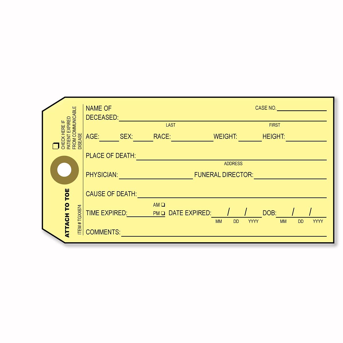 50 Pack Coroner Toe Tags - Durable Morgue & Funeral Identification Tags with Black Ink Printing on Manila Card Stock, Reinforced Eyelet - 5 1/4