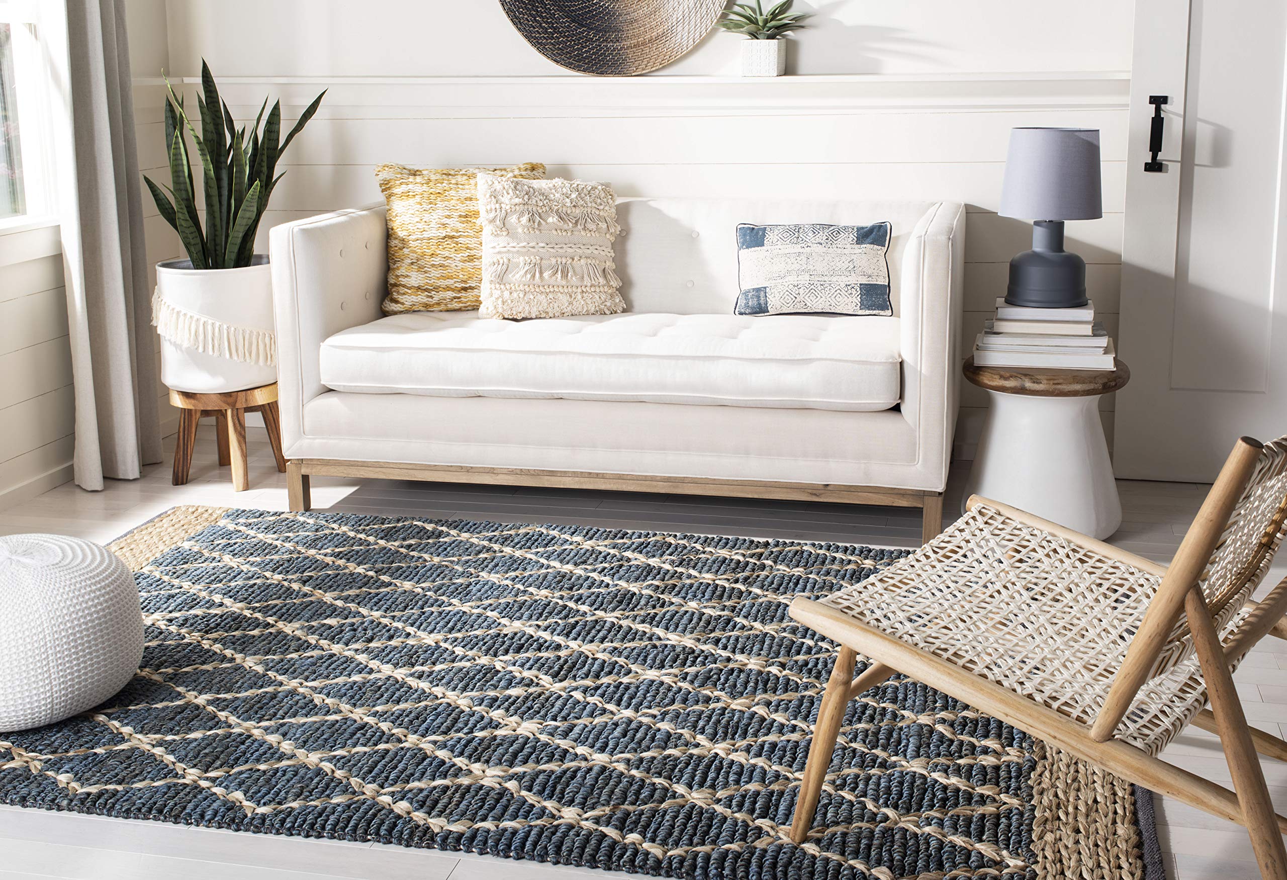 SAFAVIEH Handmade Moroccan Trellis Jute Area Rug 8' x 10' - Blue Boho Natural Fiber Rug for Living Room & Bedroom | Durable High Traffic Floor Covering | Eco-Friendly Home Decor for Bohemian & Coastal Style Interiors