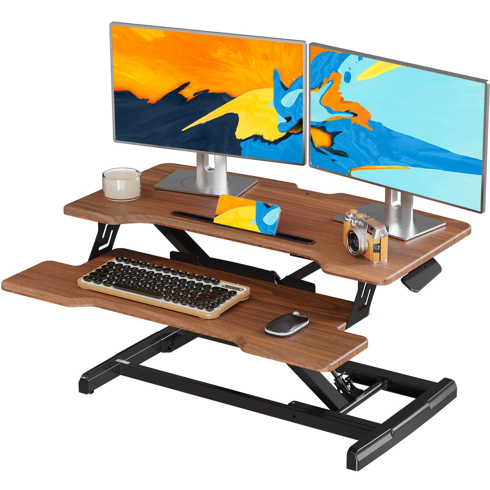 32 Inch Height Adjustable Standing Desk Converter - Sit Stand Desk Riser with Keyboard Tray for Dual Monitors | Ergonomic Home Office Workstation in Dark Wood Finish | Perfect for Remote Work & Computer Setup