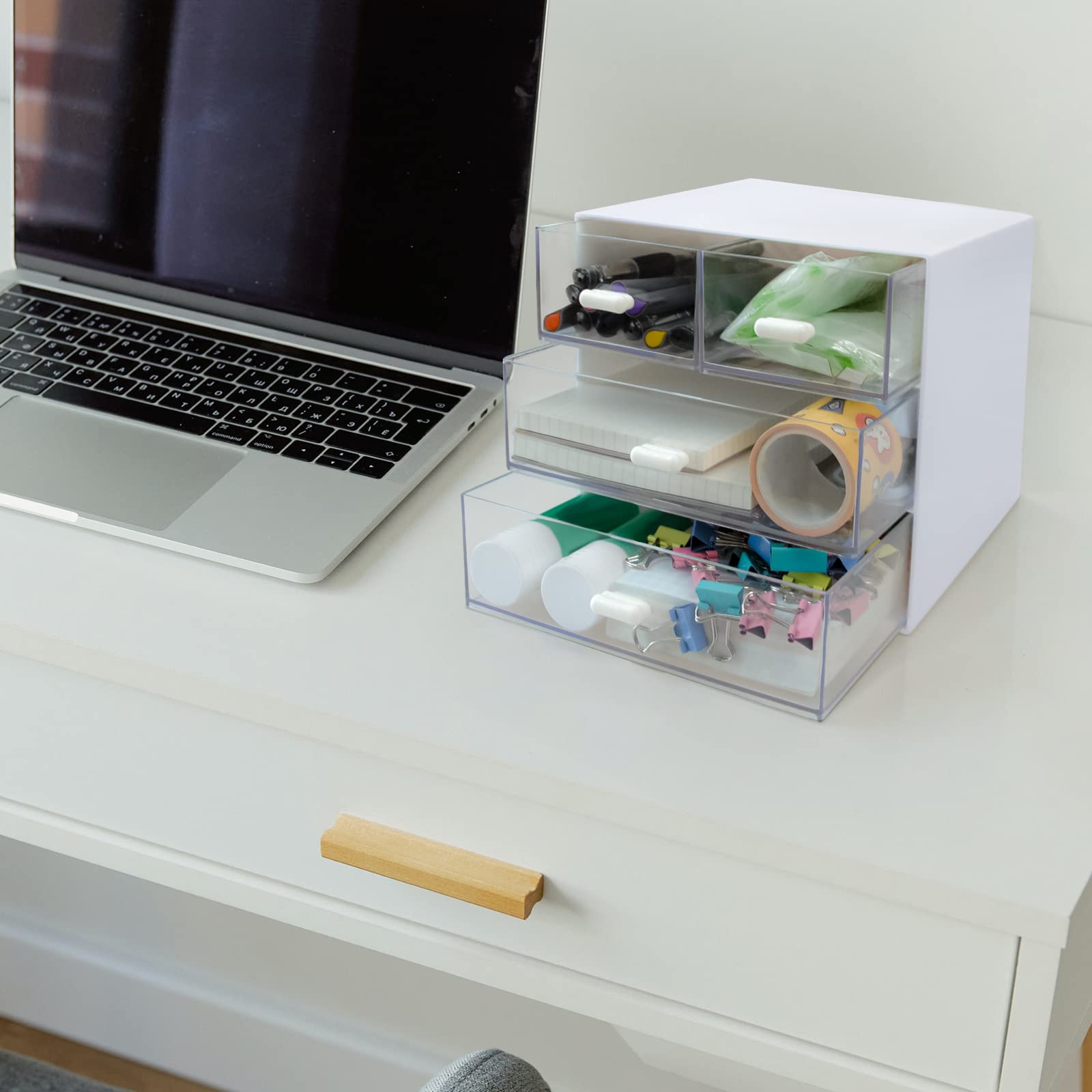 4-Drawer White Plastic Desk Organizer with Storage Box - Office, School & Home Stationery Supplies Organizer for Pens, Paper Clips & Small Accessories - Perfect for Workspace, Study Desk & Craft Room Organization