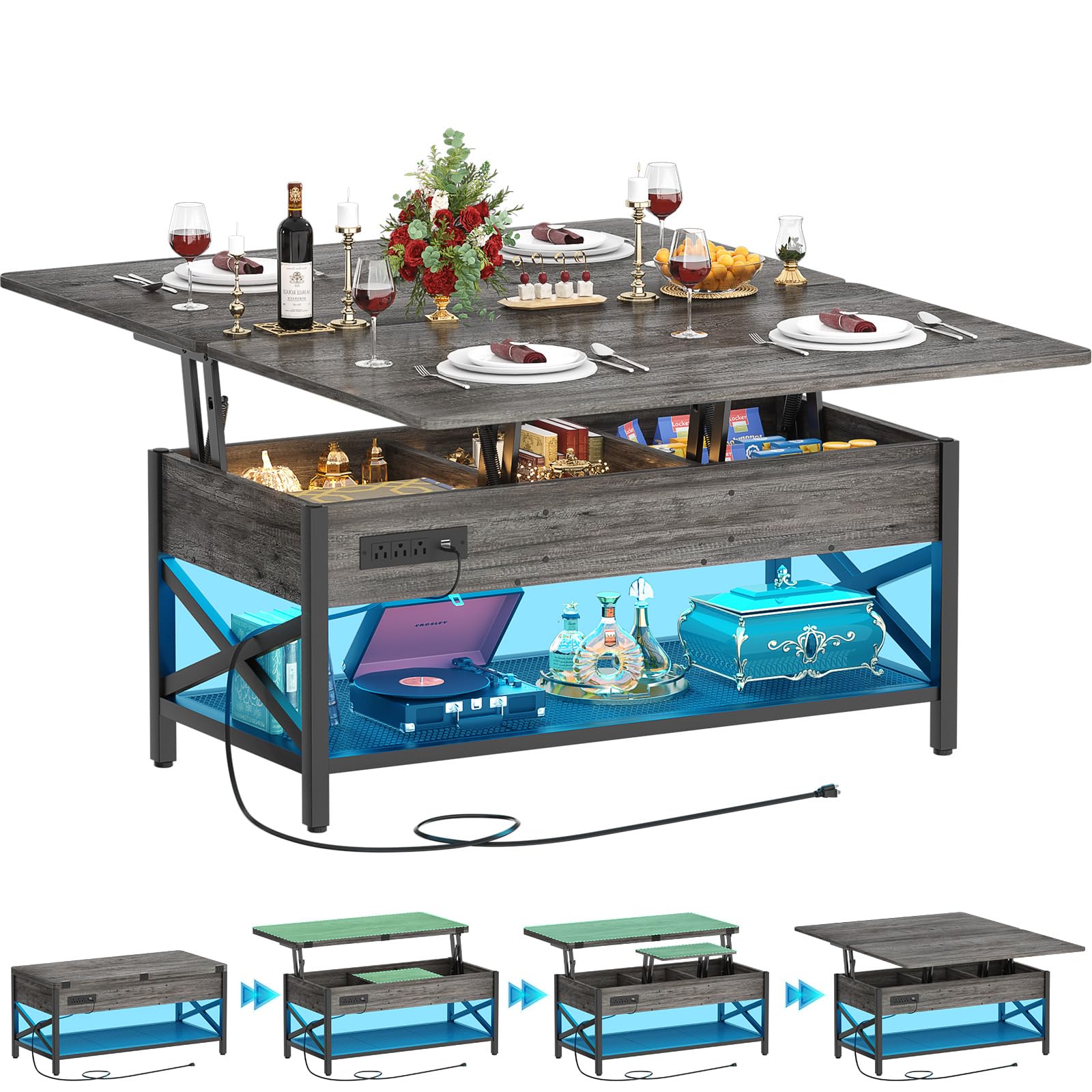 Aheaplus Lift Top Coffee Table with LED Light & Power Outlet - Convertible to Dining Table, Multi-Functional Center Table with Storage Shelves for Living Room, Home Office & Reception Areas - Black Oak Finish | Perfect for Small Space Living, Entertaining Guests & Remote Work Setup