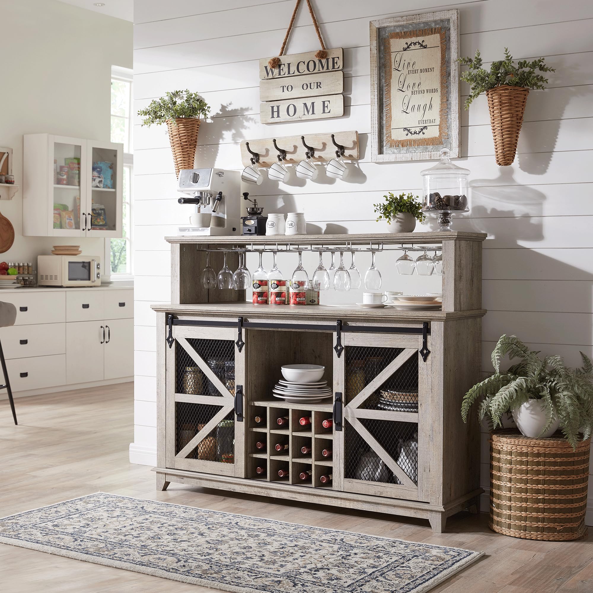 Farmhouse Coffee Bar Cabinet with LED Lights - 55