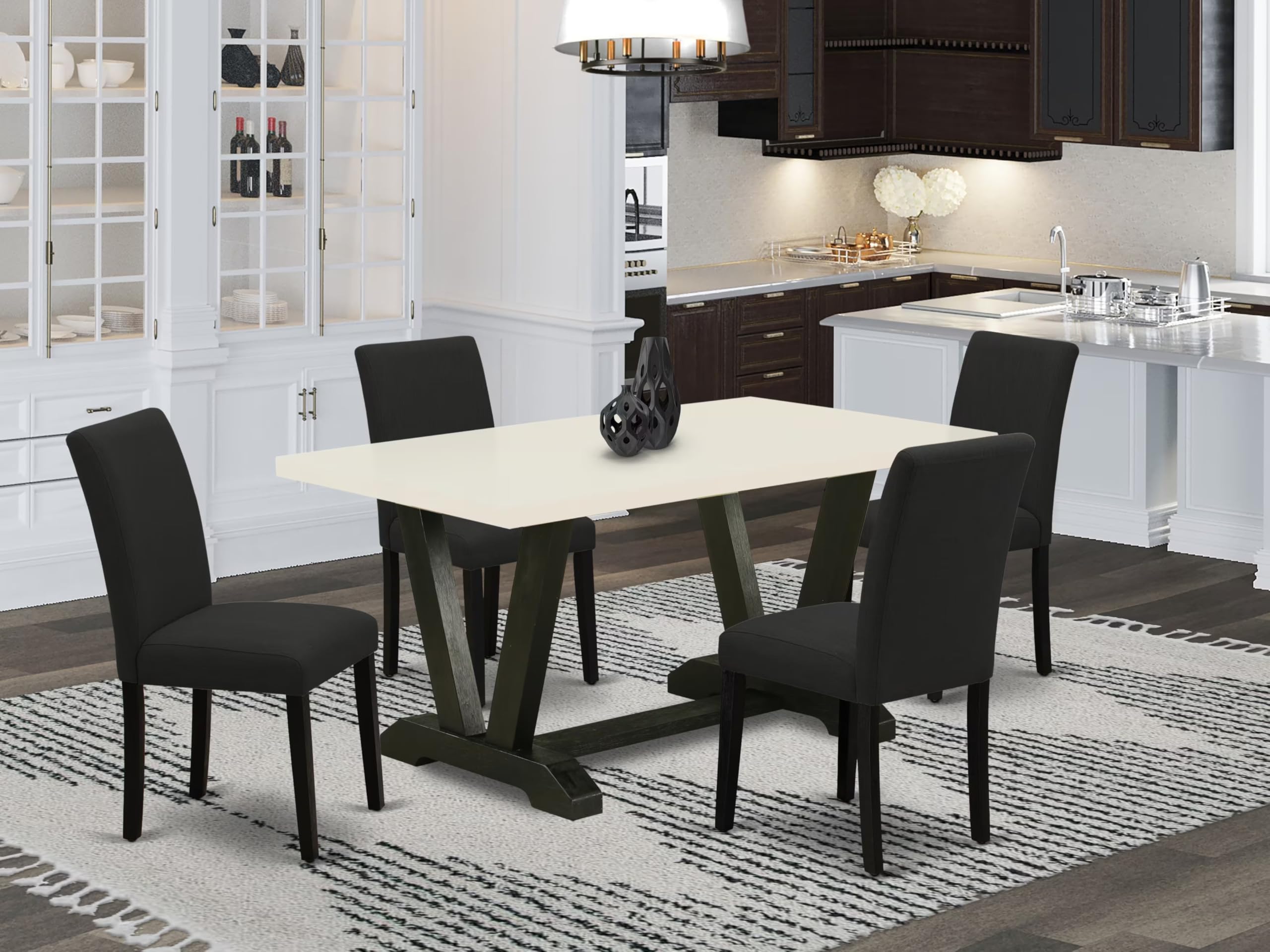 East West Furniture 5-Piece Dining Table Set for 4 - 36x60 Inch Rectangle Kitchen Table with V-Legs & 4 Black Linen Upholstered Chairs, Multi-Color - Perfect for Small Spaces, Breakfast Nooks, and Modern Apartments