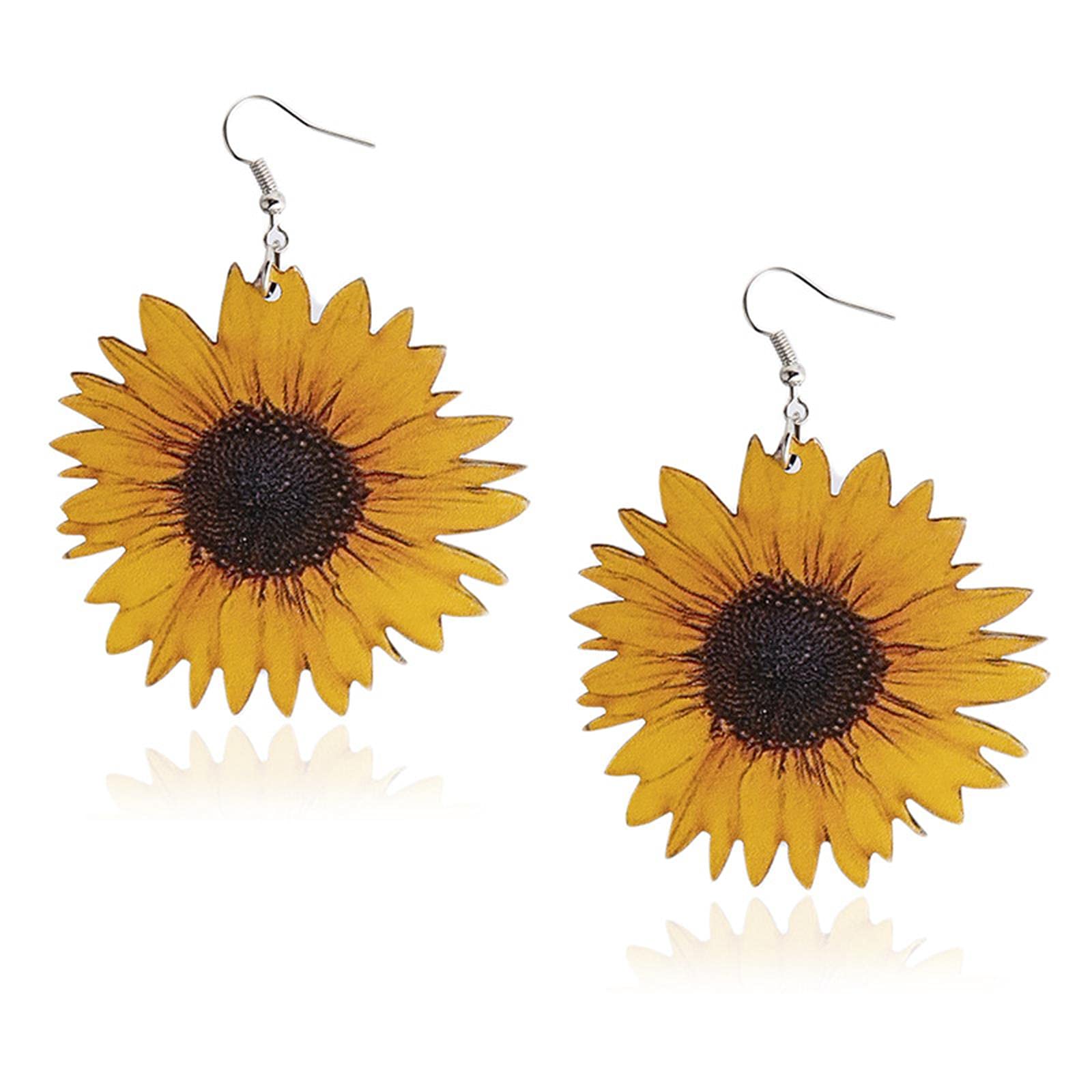 Handmade 3D Wooden Sunflower Daisy Dangle Earrings - Colorful Bohemian Leather Flower Drop Earrings for Women & Girls | Perfect for Summer Outfits, Festivals & Boho Fashion Accessories