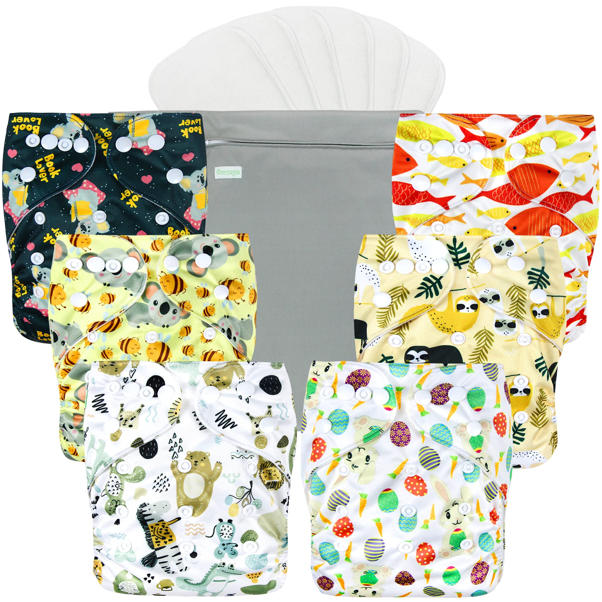 Wegreeco 6 Pack Reusable Cloth Diapers with Inserts & Wet Bag - Adjustable One Size Washable Baby Diapers for Boys & Girls (Animal Print) - Perfect for Daycare, Travel & Eco-Friendly Parenting
