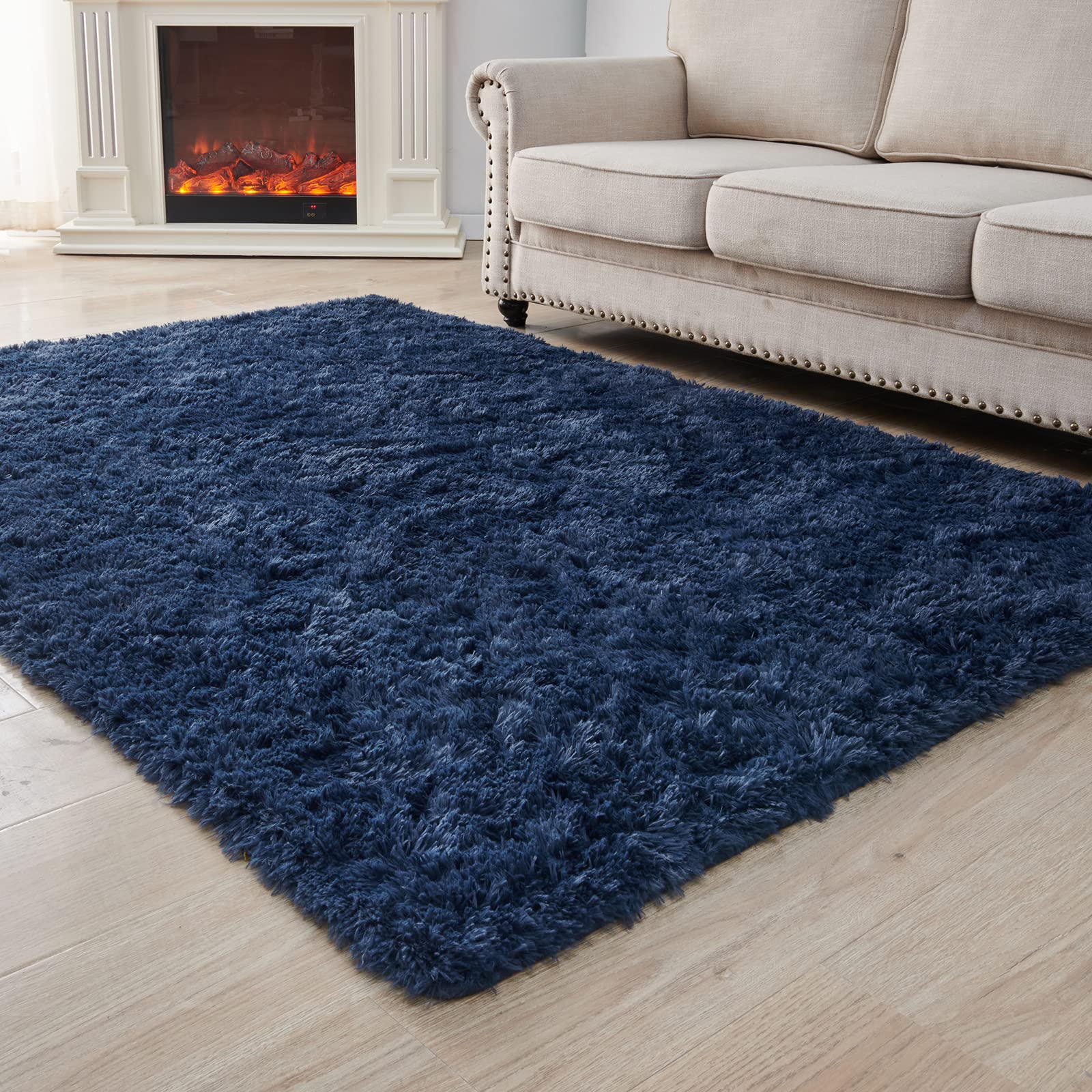 ANVARUG Modern Plush Area Rug 8x10 Feet - Ultra Soft Faux Fur Non-Slip Rug for Bedroom, Kids Playroom, Living Room - Navy Blue Home Decor Carpet for Cozy Comfort and Stylish Interior Design