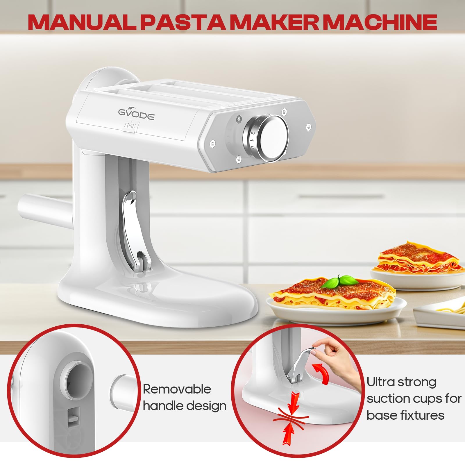 GVODE 3-in-1 Manual Pasta Maker Machine with 7 Adjustable Thickness Settings - Pasta Roller, Spaghetti & Fettuccine Cutter - Perfect for Homemade Noodles, Lasagna & Italian Cuisine - Ideal for Home Chefs & Italian Food Lovers
