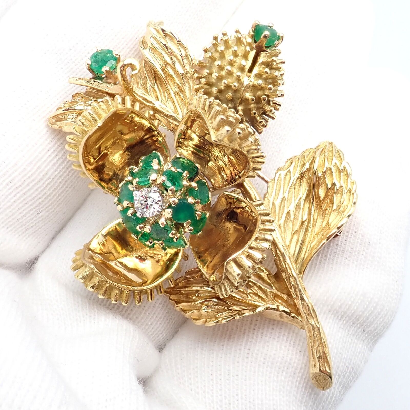 Tiffany & Co 18k Yellow Gold Diamond and Emerald Flower Night & Day Brooch Pin - Vintage Luxury Jewelry for Women, Perfect for Special Occasions & Evening Events