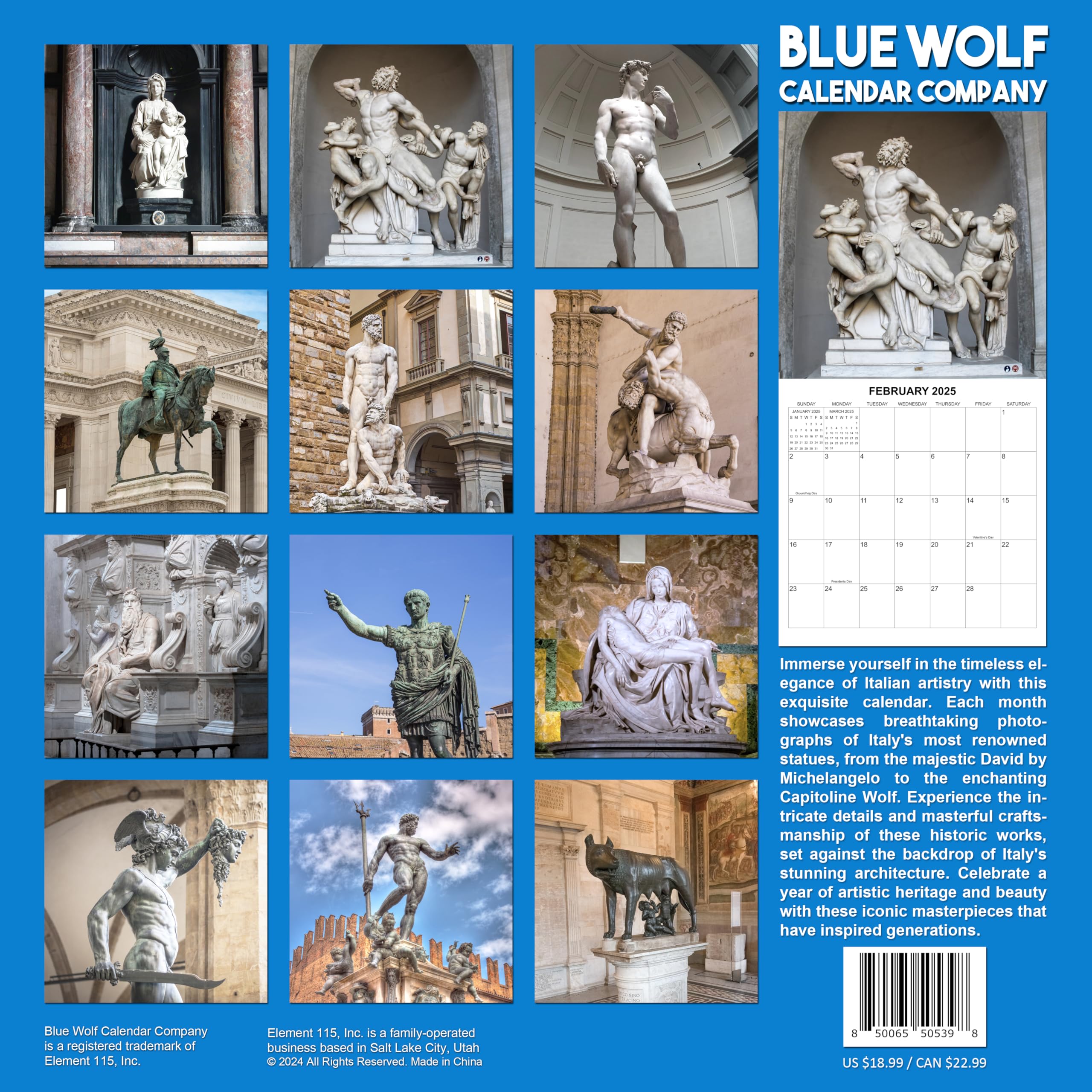 **2025 Italian Statues Monthly Wall Calendar | 12