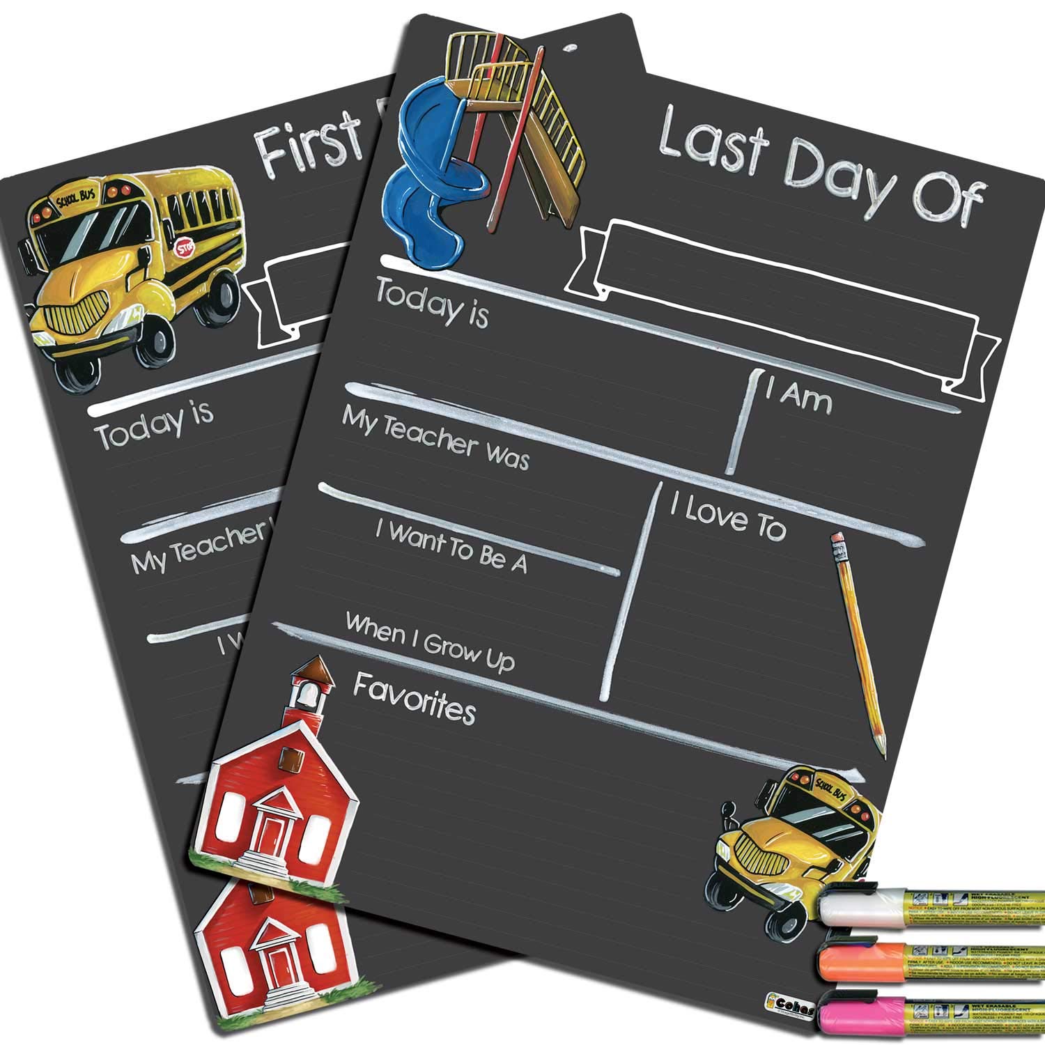 First and Last Day of School Chalkboard Sign Set - 15x20 Inch Reusable Milestone Board with Schoolhouse Design & 3 Bright Markers | Perfect for Kindergarten, Preschool Photo Props & Back to School Memories