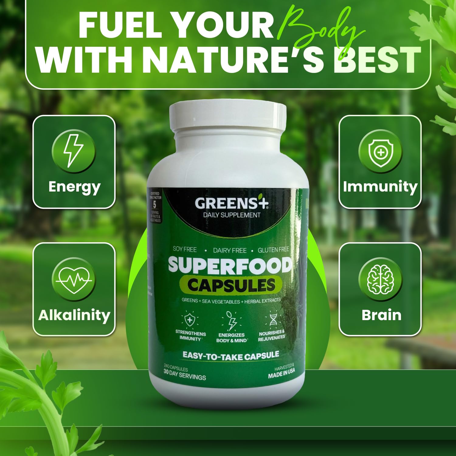 Organic Superfood Capsules - Greens+ with Spirulina, Chlorella, Alfalfa & Wheat Grass | Vegan, Non-GMO, Gluten-Free Multivitamin Supplement (240 Count) for Energy Boost, Detox & Immune Support - Perfect for Active Lifestyles & Daily Wellness