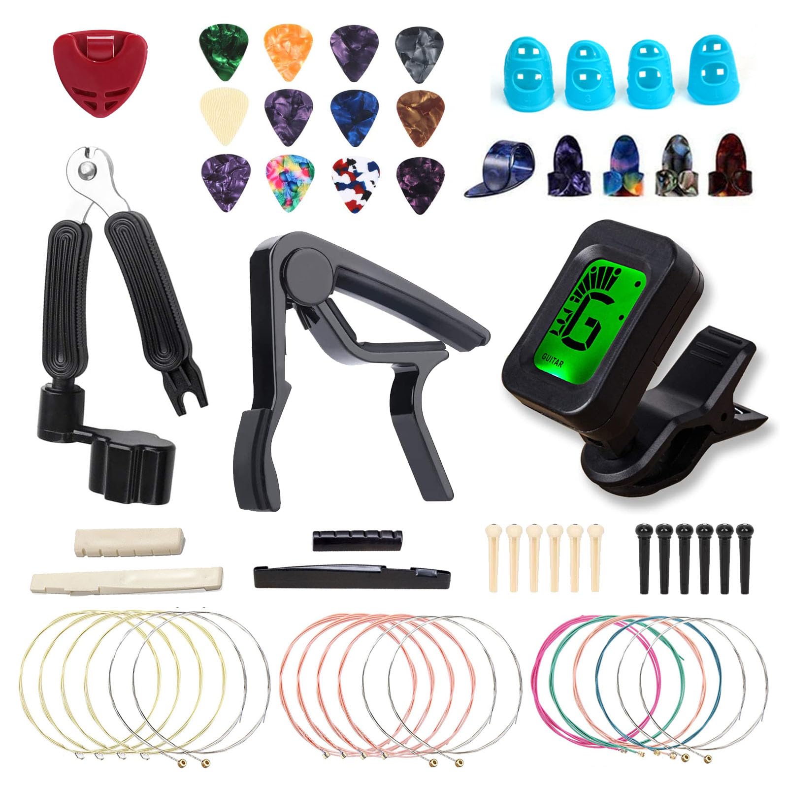 Complete Guitar Accessories Kit with Strings, Tuner, Capo, 3-in-1 Restring Tool, Picks & More – Perfect for Guitar Maintenance, Practice & Live Performance