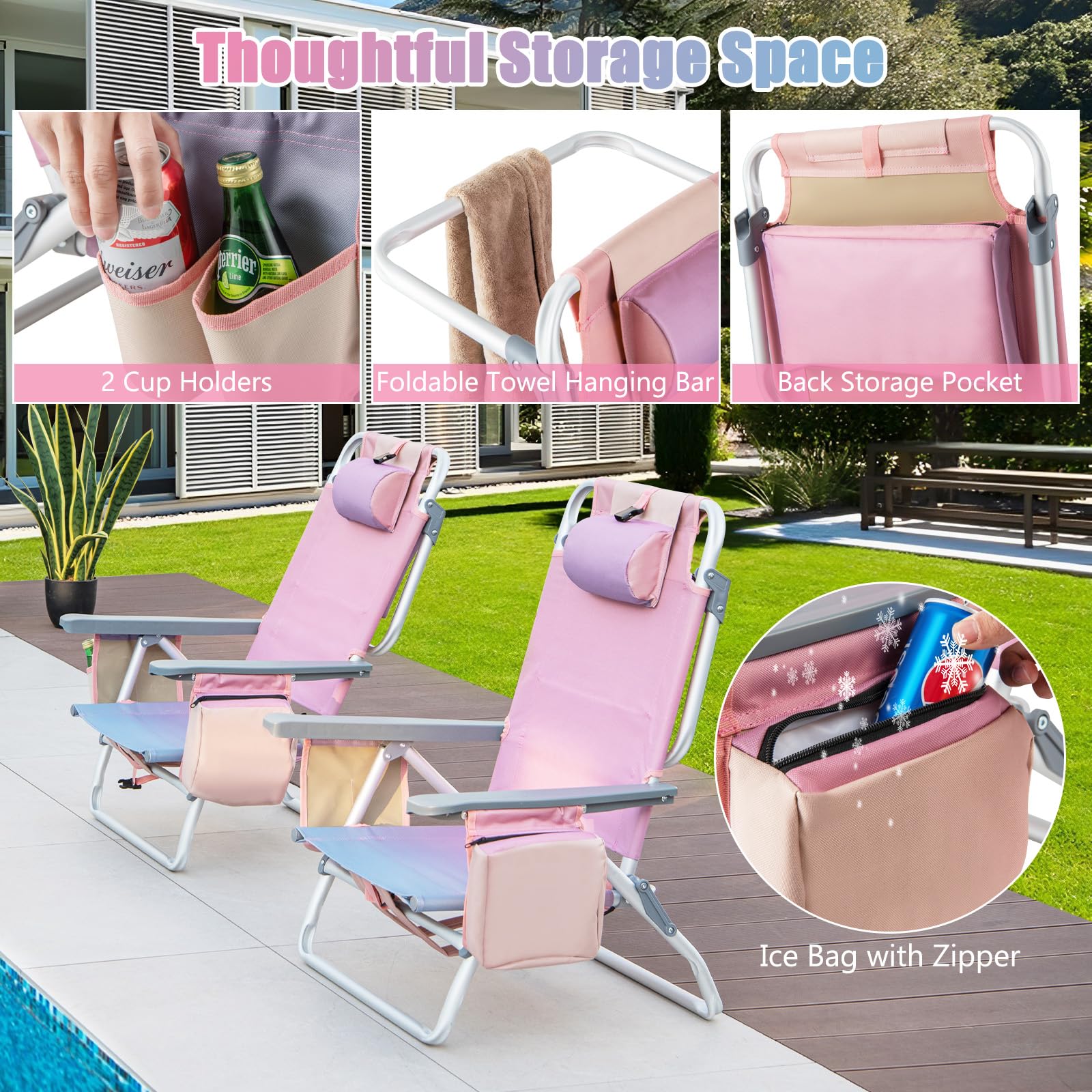 GYMAX 2-Pack Portable Beach Chairs with Cooler Bag & Cup Holder - Lightweight Folding Camping Chairs with Armrests, Towel Bar & Side Pockets for Outdoor, Backyard, Pool Party, Beach Sunbathing (Pink)