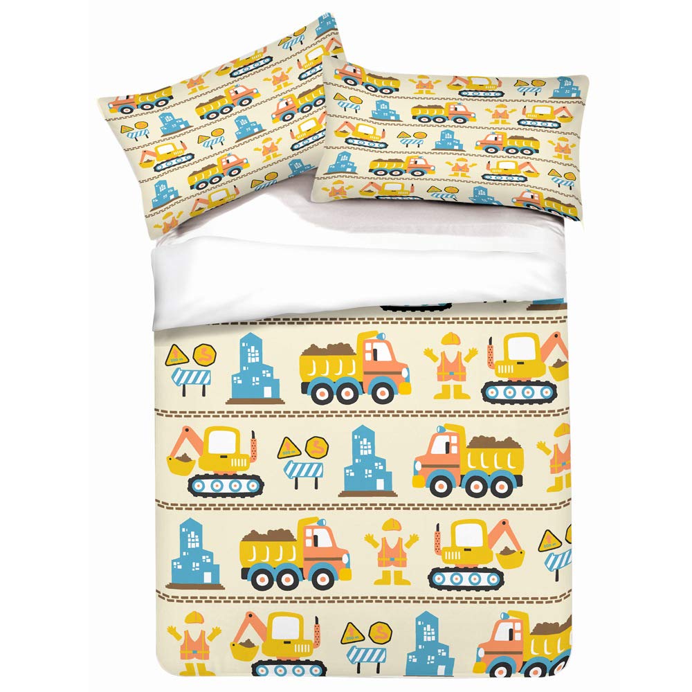 EsyDream Boys Construction Theme 3-Piece Duvet Cover Set - Cartoon Skyscraper Truck & Tractor Design, Queen Size Bedding (No Comforter Included) - Perfect for Kids' Rooms, Birthday Gifts & Construction-Themed Bedrooms