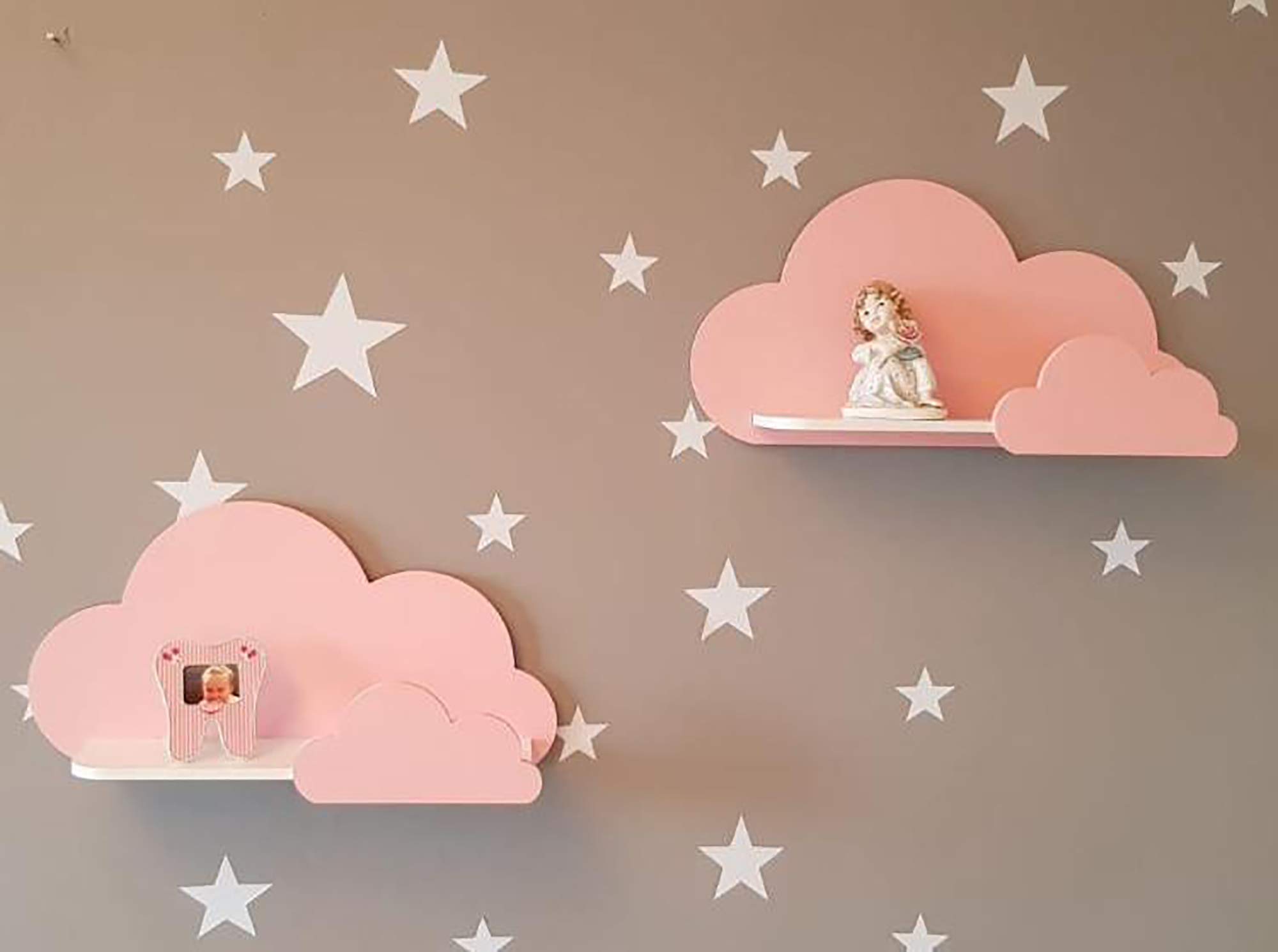 Happy Woody Set of 2 Cloud Wall Shelves - Natural Wood Floating Shelves for Nursery, Baby Room Decor, Kids Room Wall Decor - Perfect for Organizing Toys, Books, and Displaying Decorations (Soft Grey)