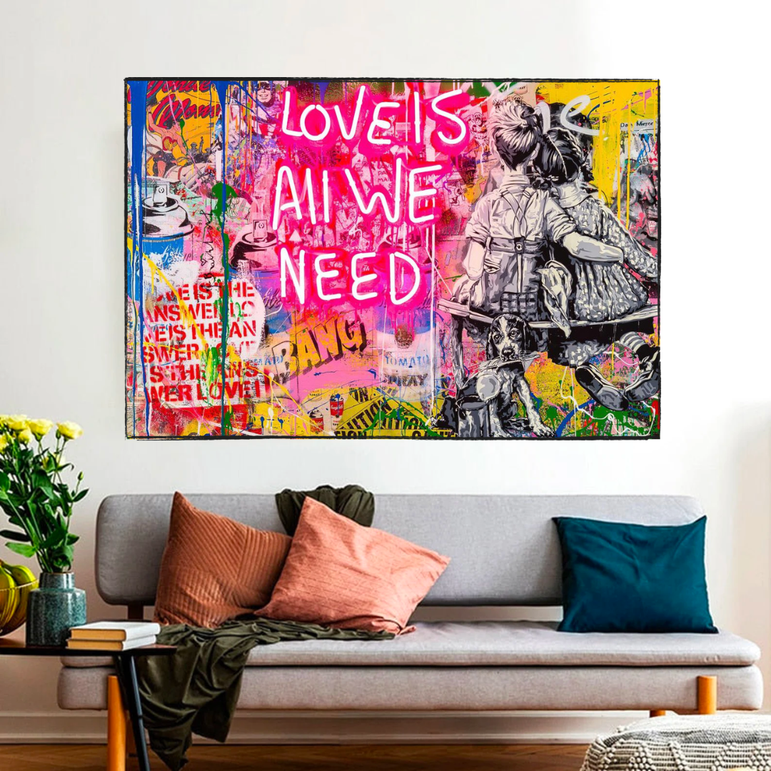 Banksy Love is All We Need Canvas Wall Art Print - Street Art Home Decor for Living Room, Bedroom & Office