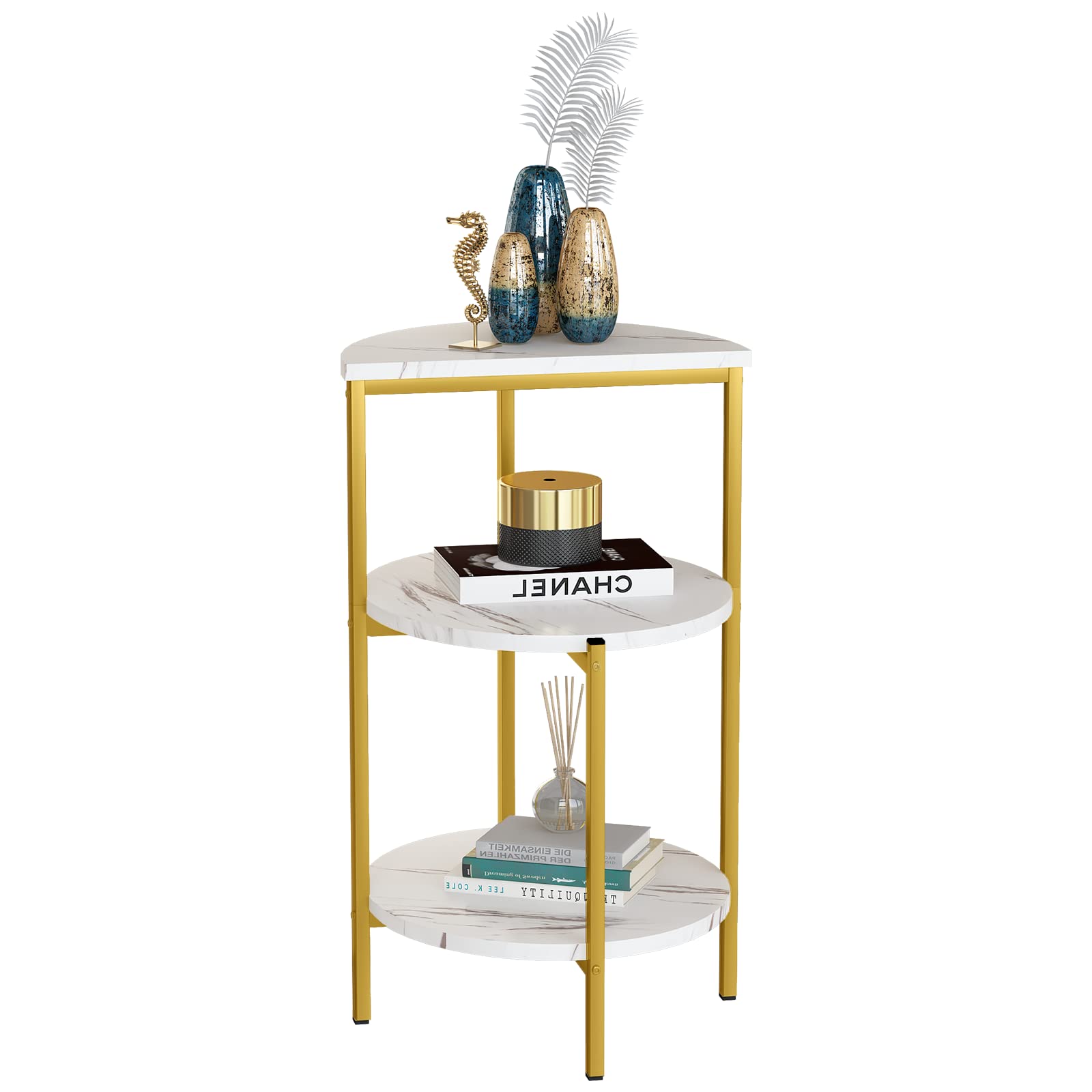 AWQM 3-Tier Marble End Table with Metal Frame - Small Round Side Table for Sofa, Coffee Table & Bedside - White & Gold Accent - Perfect for Living Room, Bedroom & Corner Spaces