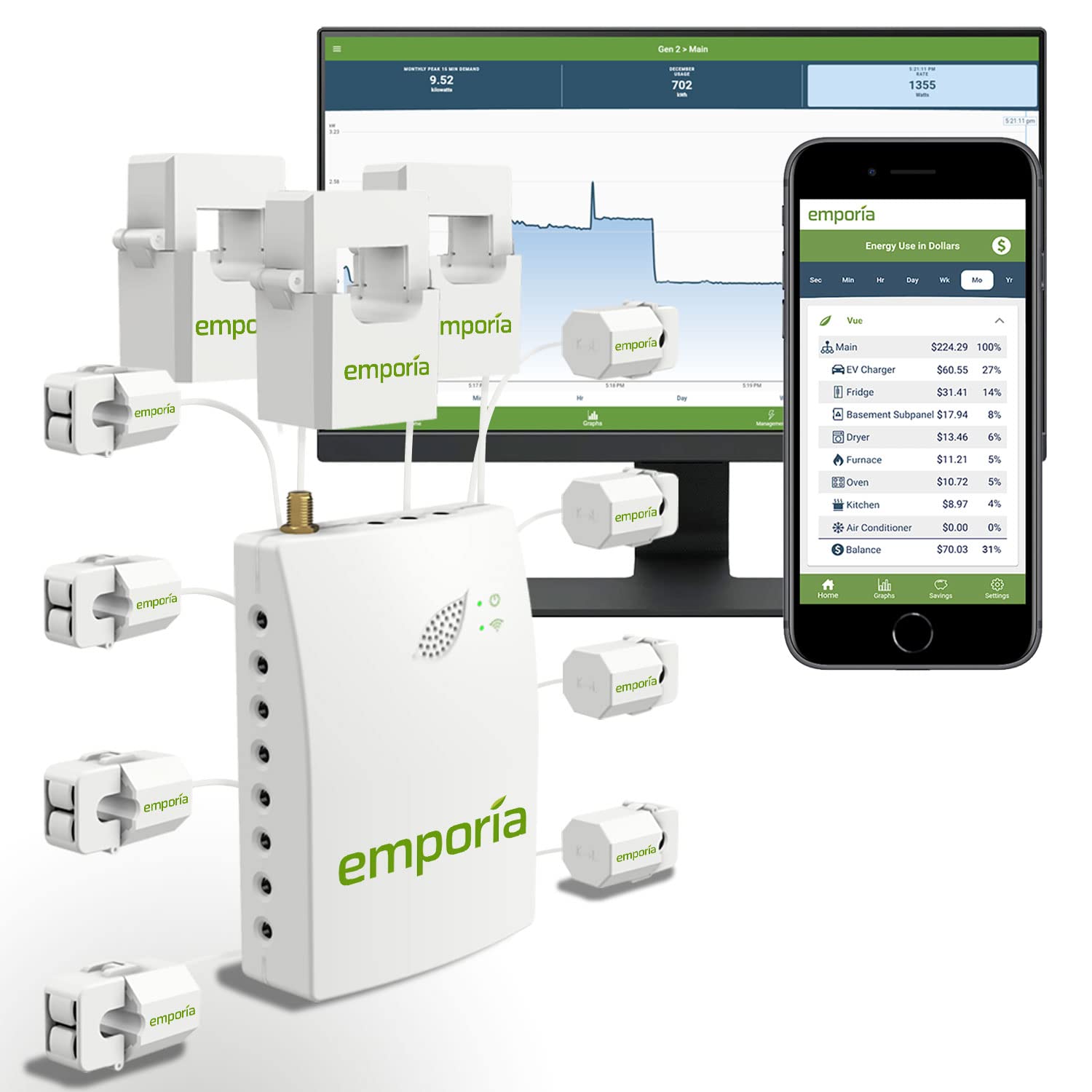 Emporia Smart Home Energy Monitor 3-Phase | Real-Time Electricity Usage Meter with 8 x 50A Sensors | Solar & Net Metering Compatible | Save Energy & Reduce Bills | Perfect for Home Solar Systems & Energy Conservation