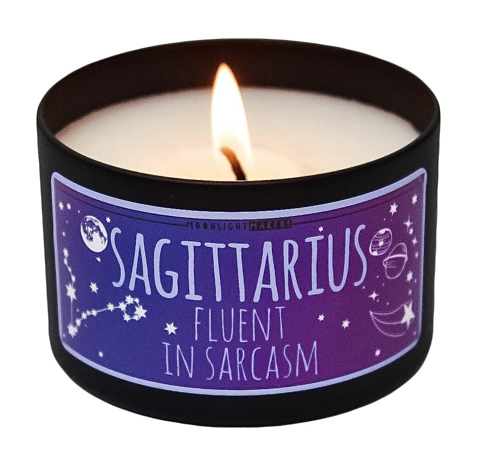 Moonlight Makers Zodiac Sagittarius Scented Candle - Fluent In Sarcasm, Caribbean Teakwood Aroma, Handmade Natural Soy Wax Candle with 25+ Hour Burn Time in 8oz Tin - Perfect for Home Decor, Relaxation & Gift Giving