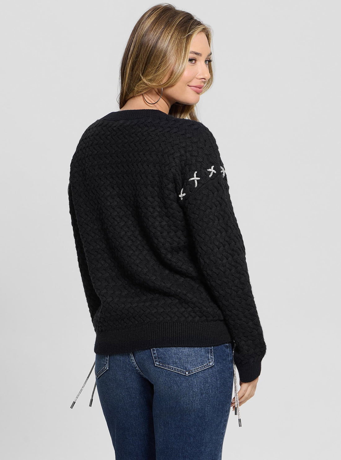 Black Ellis Chain Knit Jumper Women's Casual Sweater - Perfect for Fall Layering, Office Wear & Weekend Outfits