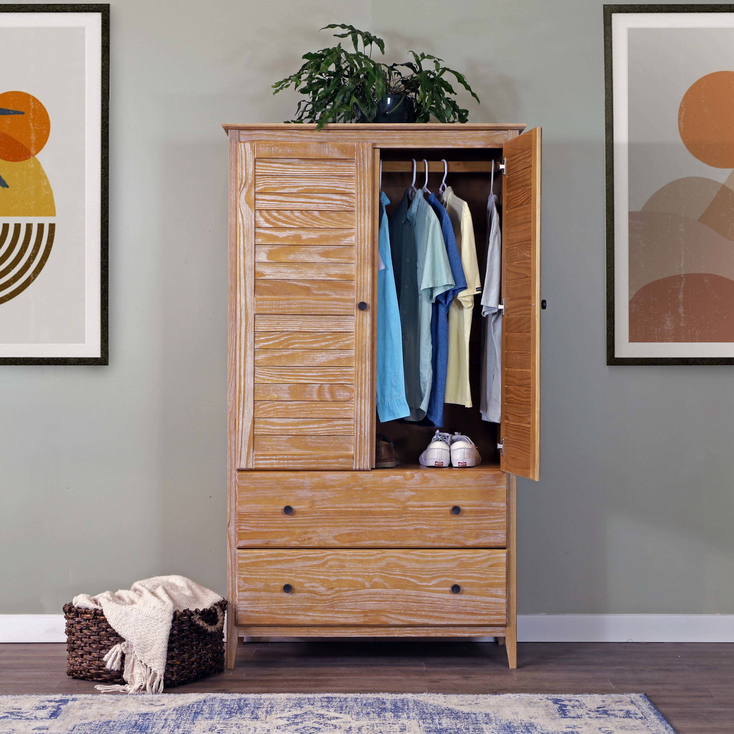 Greenport 2 Door Wardrobe Closet - Spacious Storage for Bedroom, Closet Organizer with Hanging Rod & Shelves - Perfect for Home, Apartment, Dorm Room Organization