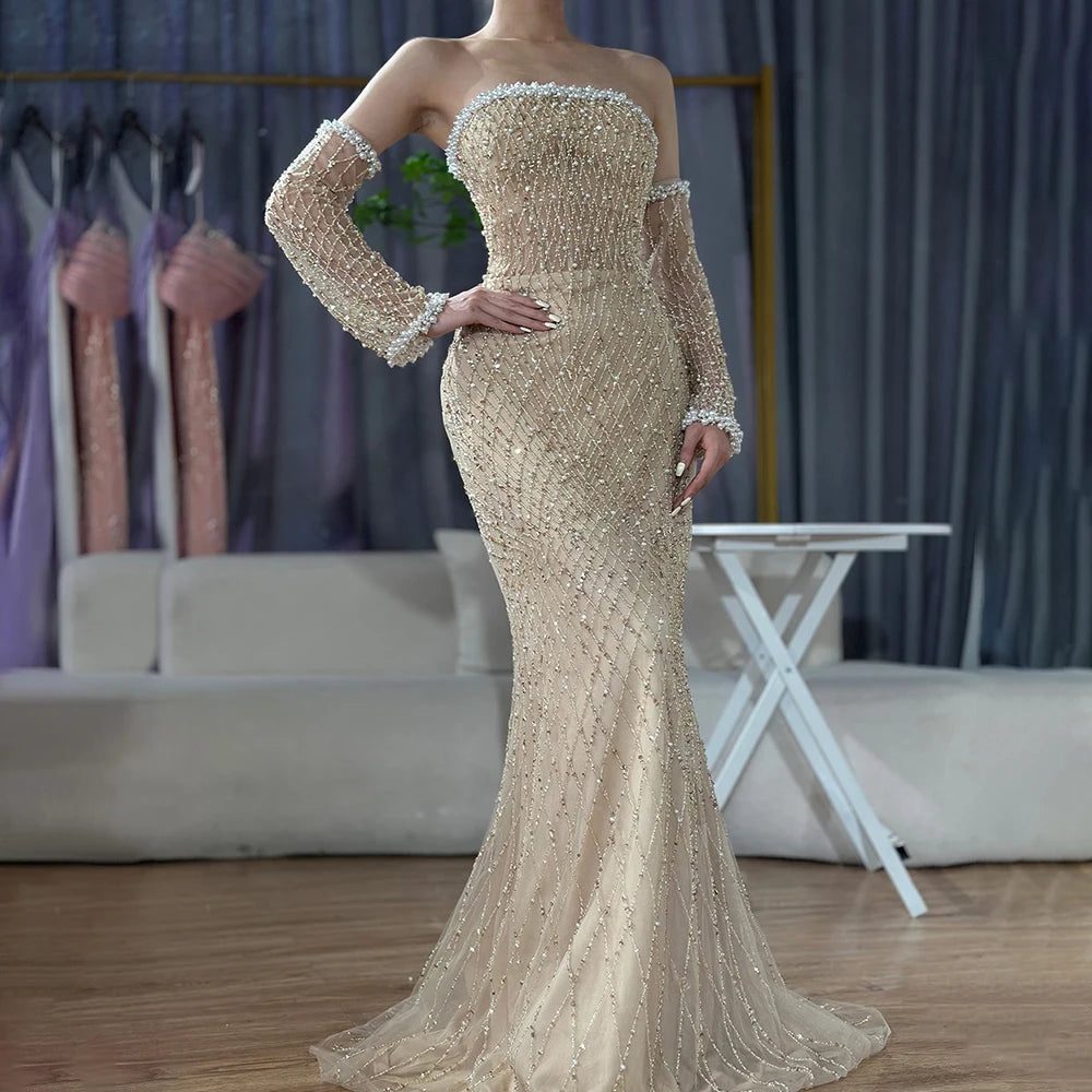 Elegant White Beaded Arabic Evening Gown with Gloves - Luxury Dubai Formal Dress LA72649 for Wedding, Gala & Special Occasions