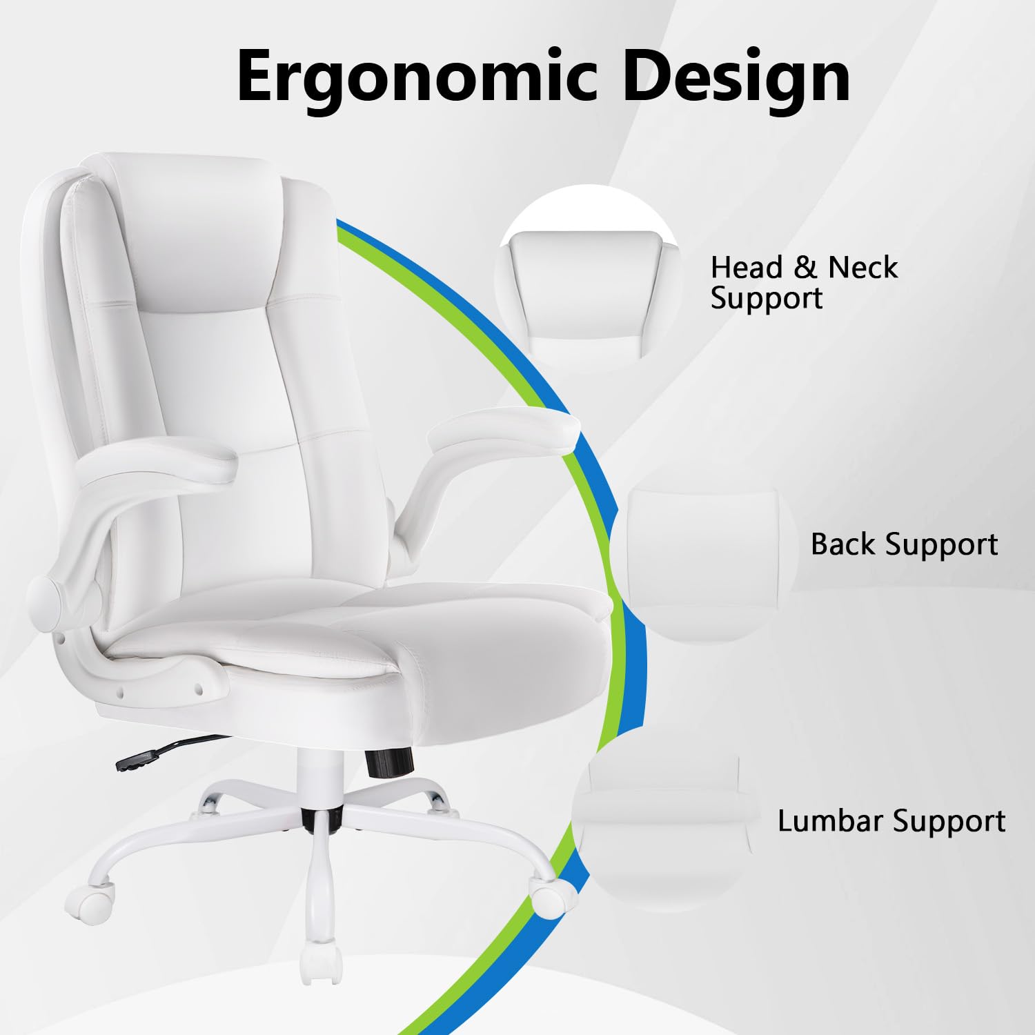 Premium White Leather Executive Office Chair - Ergonomic High Back Desk Chair with Adjustable Flip-up Armrests & Lumbar Support - Perfect for Home Office, Conference Rooms & Professional Workspaces