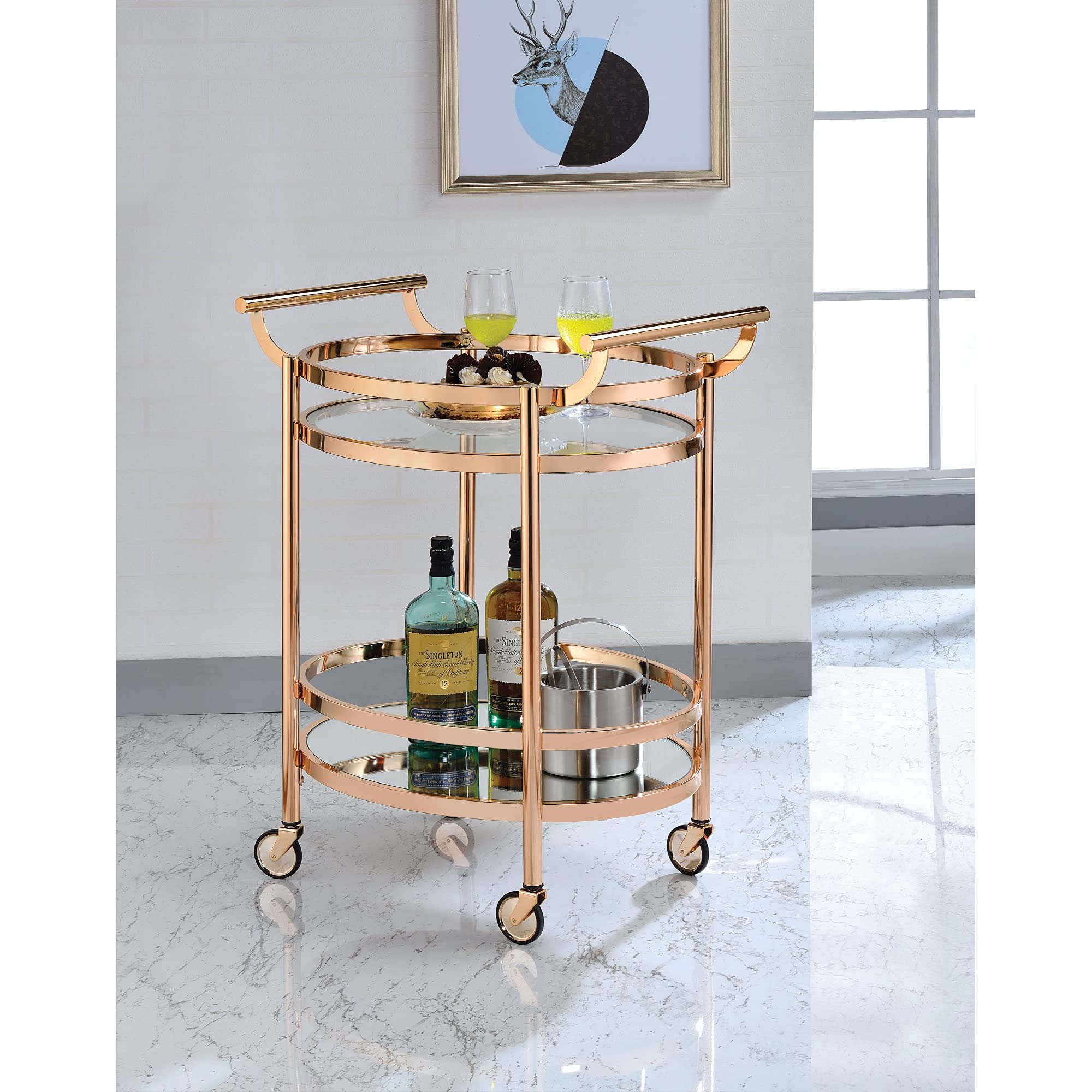 Ergode Rose Gold & Clear Glass Serving Cart - Elegant Mobile Bar Cart for Home, Kitchen, or Outdoor Entertaining