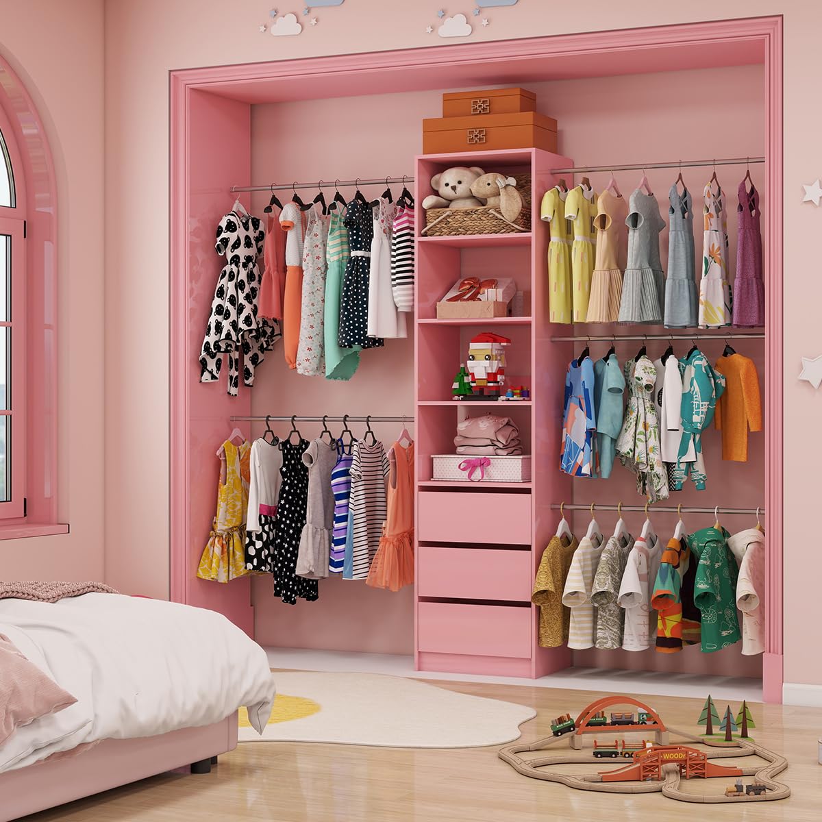 Custom Closet Organizer System 5-8FT with Drawers & Hanging Rods for Walk-in Closets (Pink)