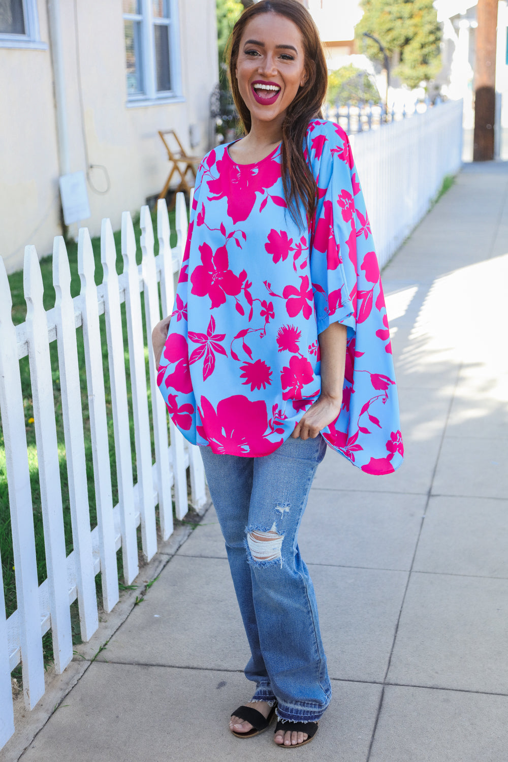 Stylish Fuchsia Floral Asymmetrical Cover-Up Blouse for Women - Perfect for Beach, Pool, and Summer Vacation Outfits