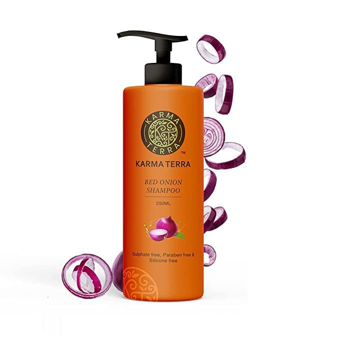 KARMA TERRA Professional Red Onion Shampoo for Hair Growth & Hair Loss Prevention - Natural Red Onion Seed Oil & Black Seed Oil Extract, Chemical-Free Formula (250ml) - Ideal for Thinning Hair & Scalp Care