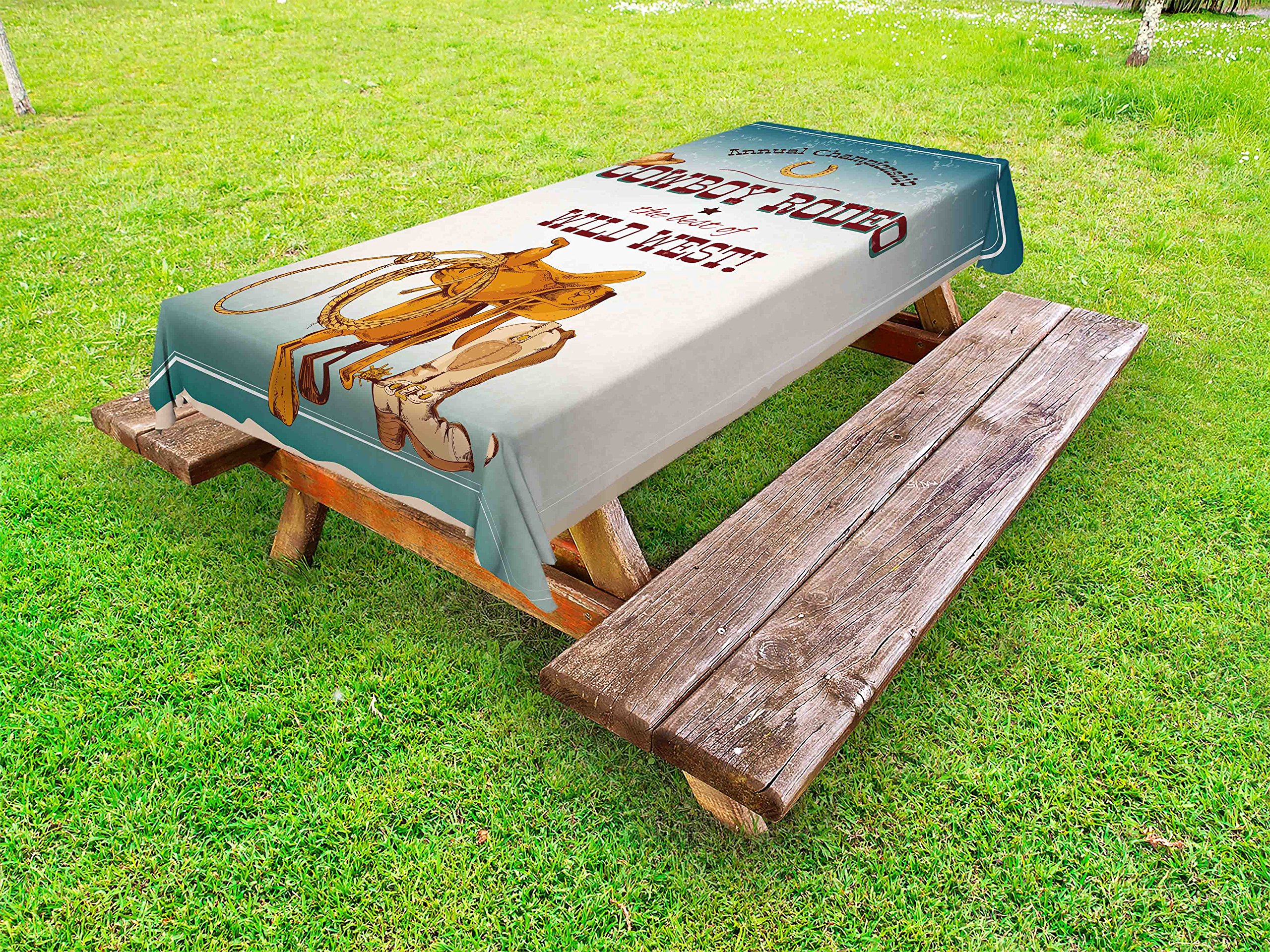 Western Cowboy Rodeo Championship Tablecloth - Wild West Poster Design, Washable Outdoor Picnic Table Cover 58x84 Inches in Blue Burgundy Orange - Perfect for BBQ, Camping & Western Theme Parties