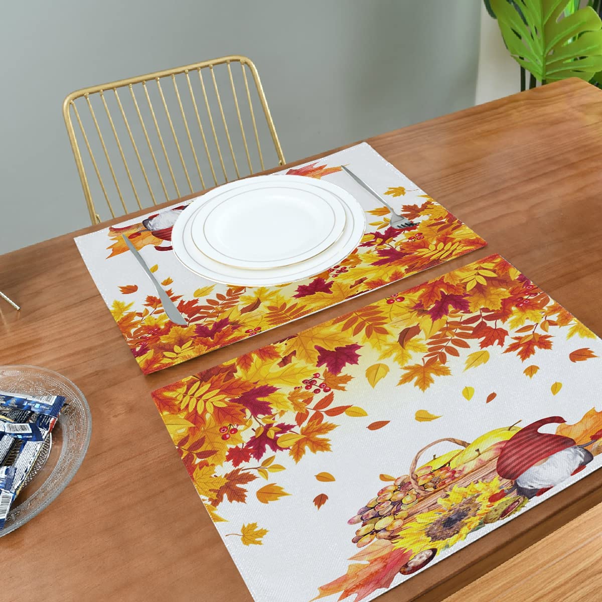 Thanksgiving Gnomes Placemats Set of 4 - Fall Maple Leaf & Pumpkin Washable Table Mats for Dining Decor (12x18 Inches) - Perfect for Thanksgiving Dinner, Autumn Home Decor & Holiday Table Setting