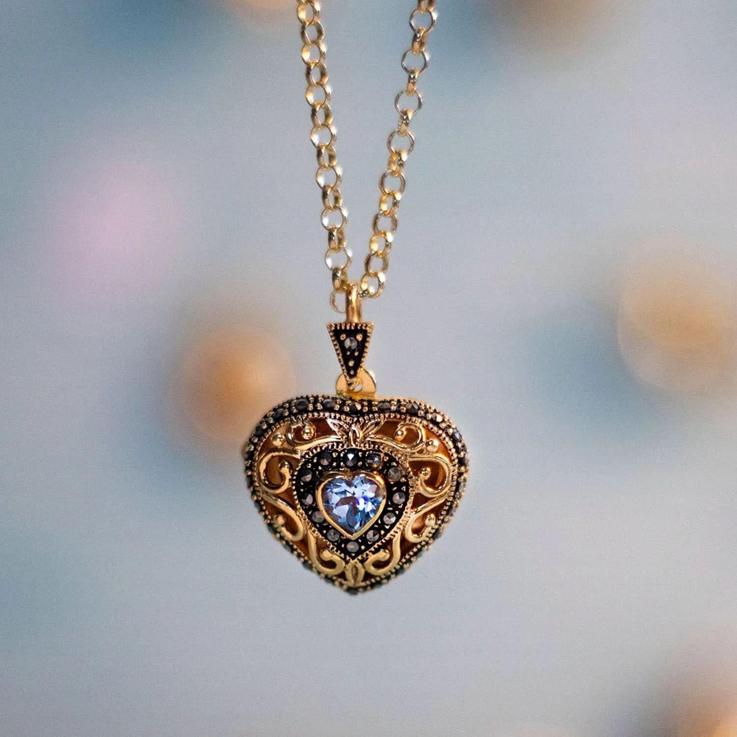 Vintage Blue Topaz Heart Locket Necklace in Gold - Perfect for Valentine's Day Gifts, Anniversary Presents & Romantic Occasions