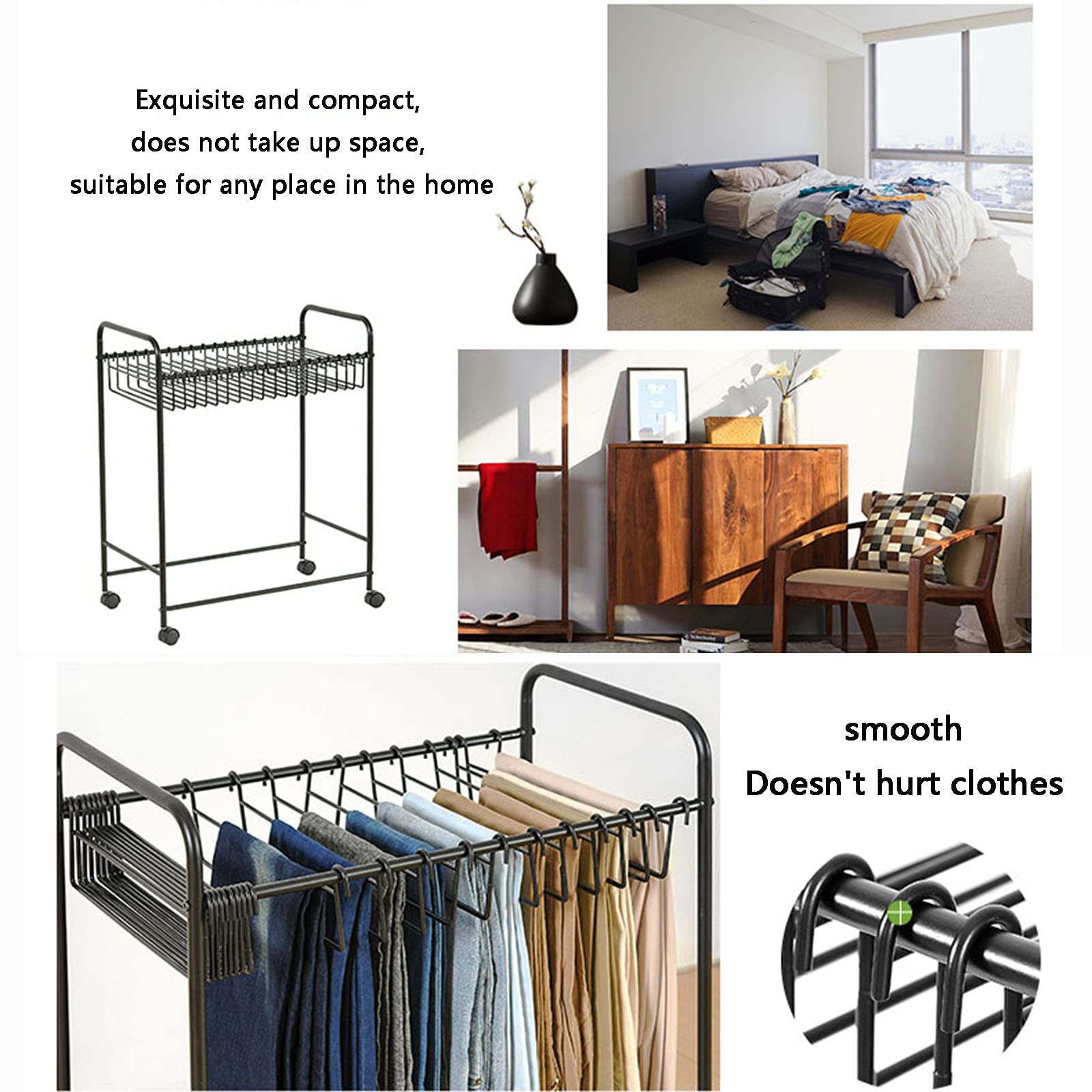 Portable Rolling Clothes Rack with Wheels - Adjustable Metal Garment Organizer for Pants, Jeans, Skirts & Scarves | Space-Saving Mobile Wardrobe Solution for Bedroom, Closet & Laundry Room Organization