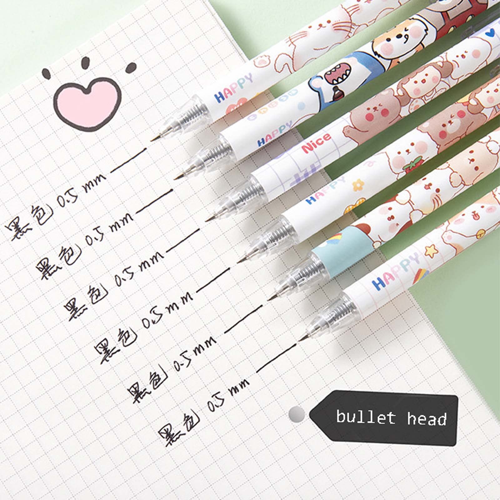 Kawaii Cartoon Gel Pen 0.5mm - 6 Pack Black Writing Pens for School & Office