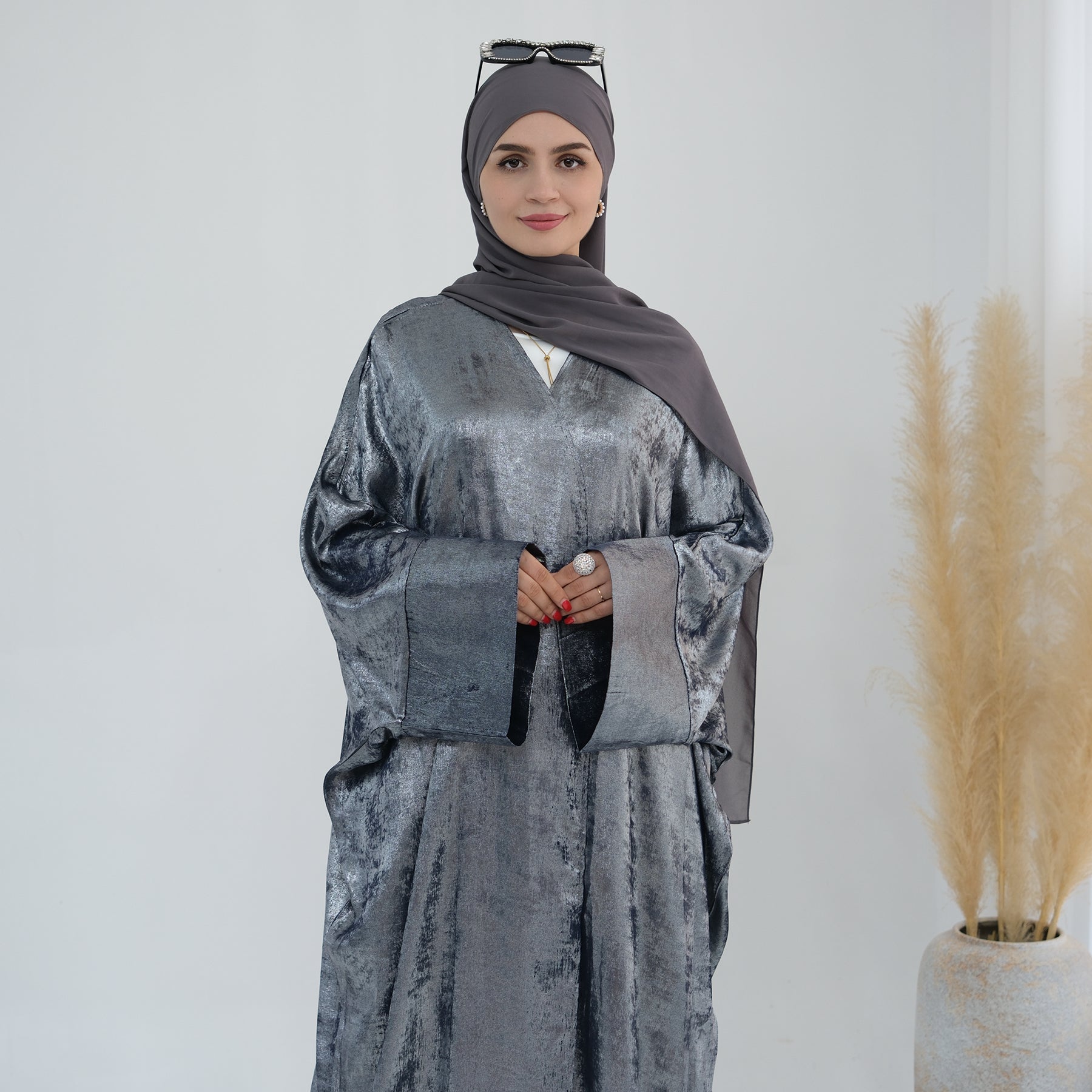Draya Shimmer Kimono Open Abaya Silver - Elegant Muslim Women's Prayer Dress for Special Occasions & Evening Events