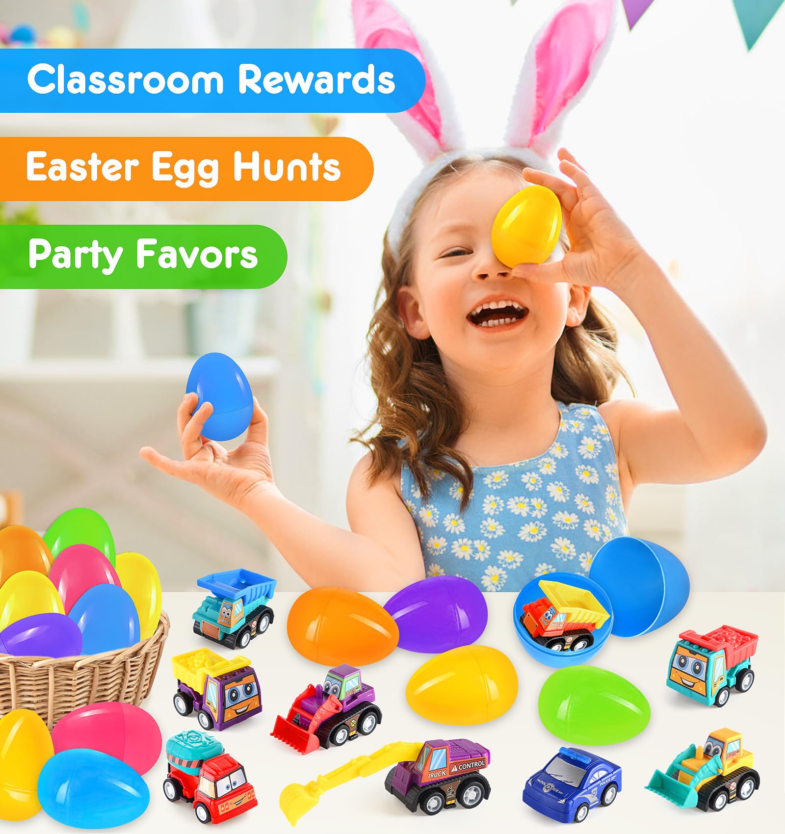24 Pack Prefilled Easter Eggs with Pull Back Construction Vehicle Toys Inside - Easter Basket Stuffers for Toddlers, Kids, Boys & Girls - Perfect for Easter Egg Hunts, Party Favors & Gift Fillers