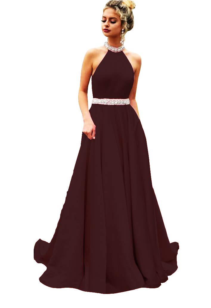 Honeydress Women's Elegant Halter Beaded Prom Dress - Satin Backless Formal Gown for Graduation & Evening Party - Black (Perfect for Prom Night, Homecoming, Cocktail Parties & Special Occasions)