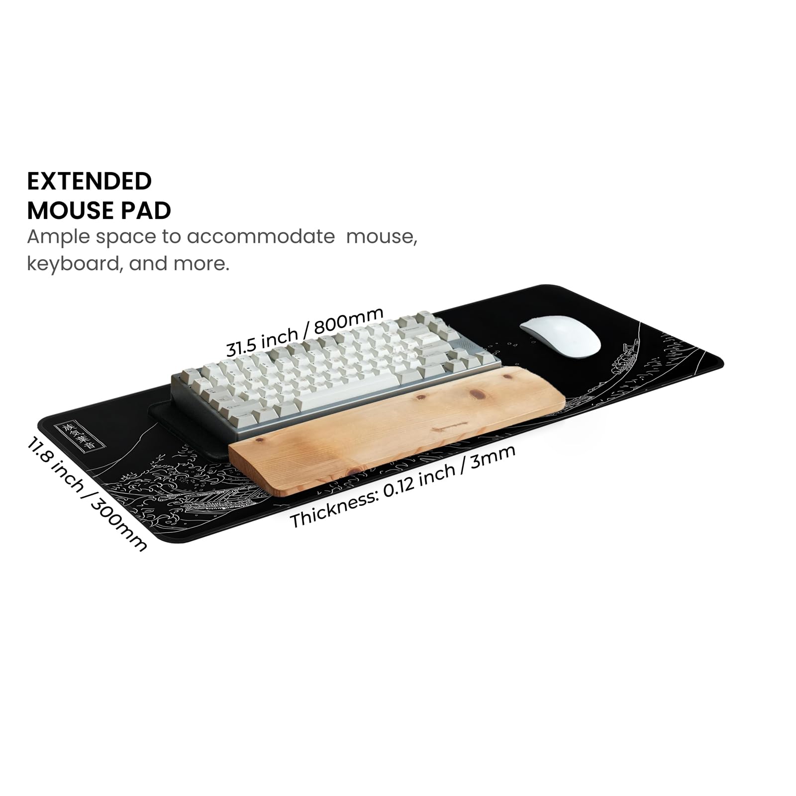 Extra Large Gaming Mouse Pad 31.5 x 11.8 Inches - Extended Non-Slip Mouse Mat with Stitched Edges for Keyboard & PC Desk - Anime Design Black Wave for Gamers & Office Workers - Perfect for Esports, Streaming & Home Office Setup