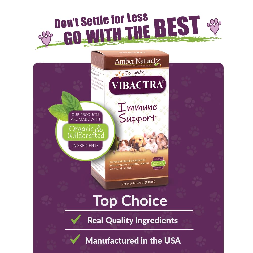 Amber NaturalZ Vibactra Immune Support Herbal Supplement for Dogs, Cats, Birds, Guinea Pigs & Rabbits | Natural Pet Wellness Formula | 4oz USDA-Certified Organic Liquid Drops | Made in USA | Supports Digestion, Energy & Coat Health for Happy Pets at Home