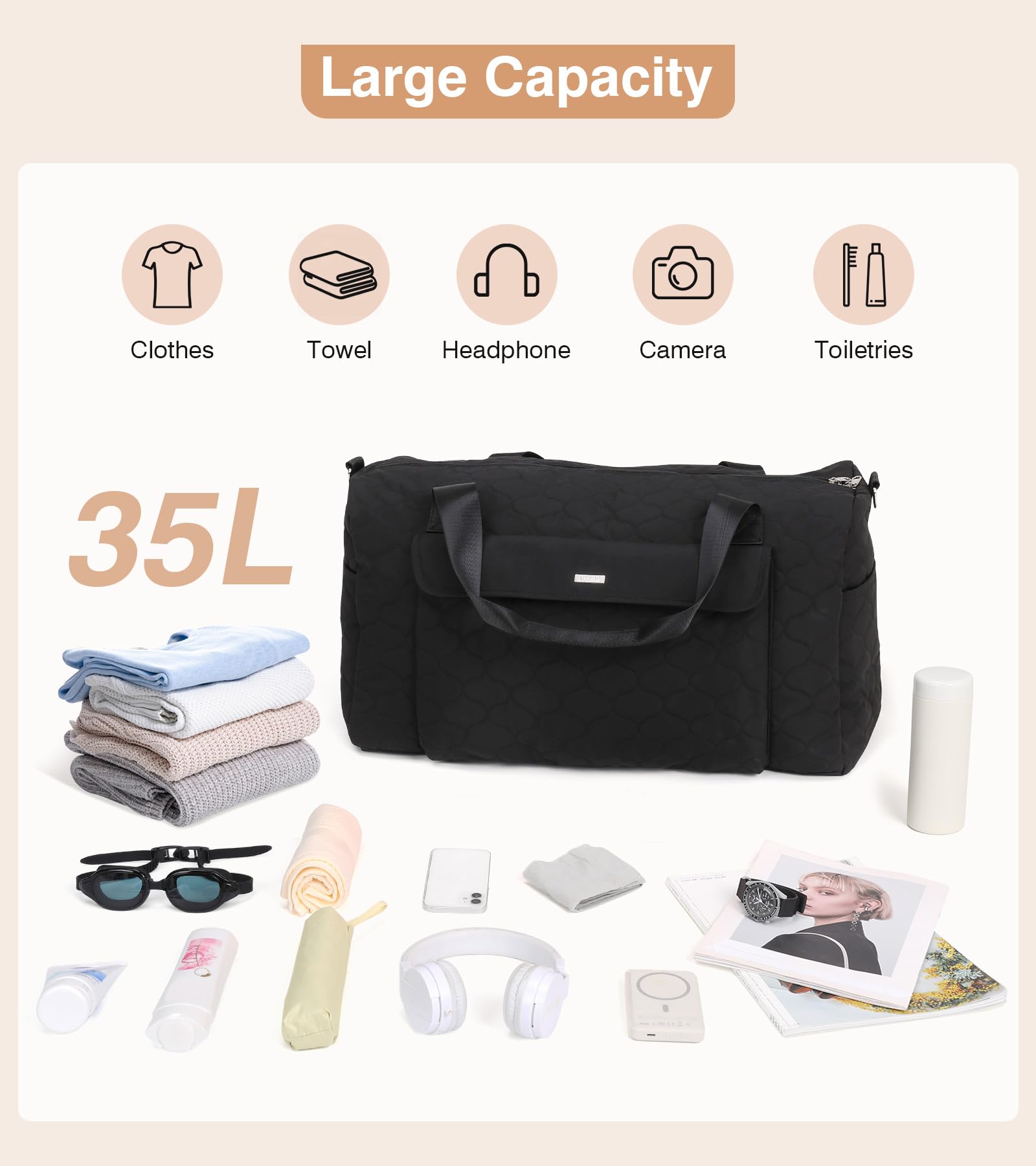 Marvolia Women's Travel Duffle Bag - Large Weekender Overnight Bag with Wet Pocket for Gym, Hospital, Labor & Delivery - Perfect Carry-On for Air Travel, Weekend Getaways & Workouts - Black