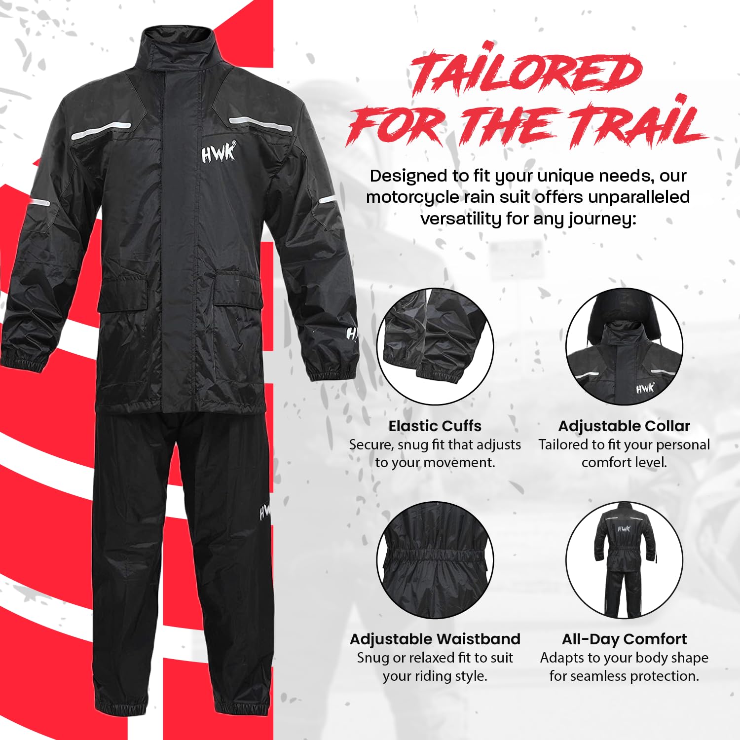 HWK Waterproof Motorcycle Rain Suit for Men & Women - 2-Piece Reflective Riding Gear with Jacket & Pants | All-Season Weatherproof Protection for Motorcycles, Scooters & Bikes (Black, X-Large) - Ideal for Commuting, Touring & Adventure Riding in Rainy Conditions