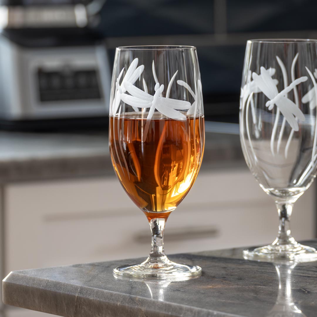 Dragonfly 16oz Footed Iced Tea Glasses - Set of 4 | Elegant Drinking Glasses for Iced Tea, Lemonade & Summer Beverages | Perfect for Parties, Picnics & Outdoor Dining